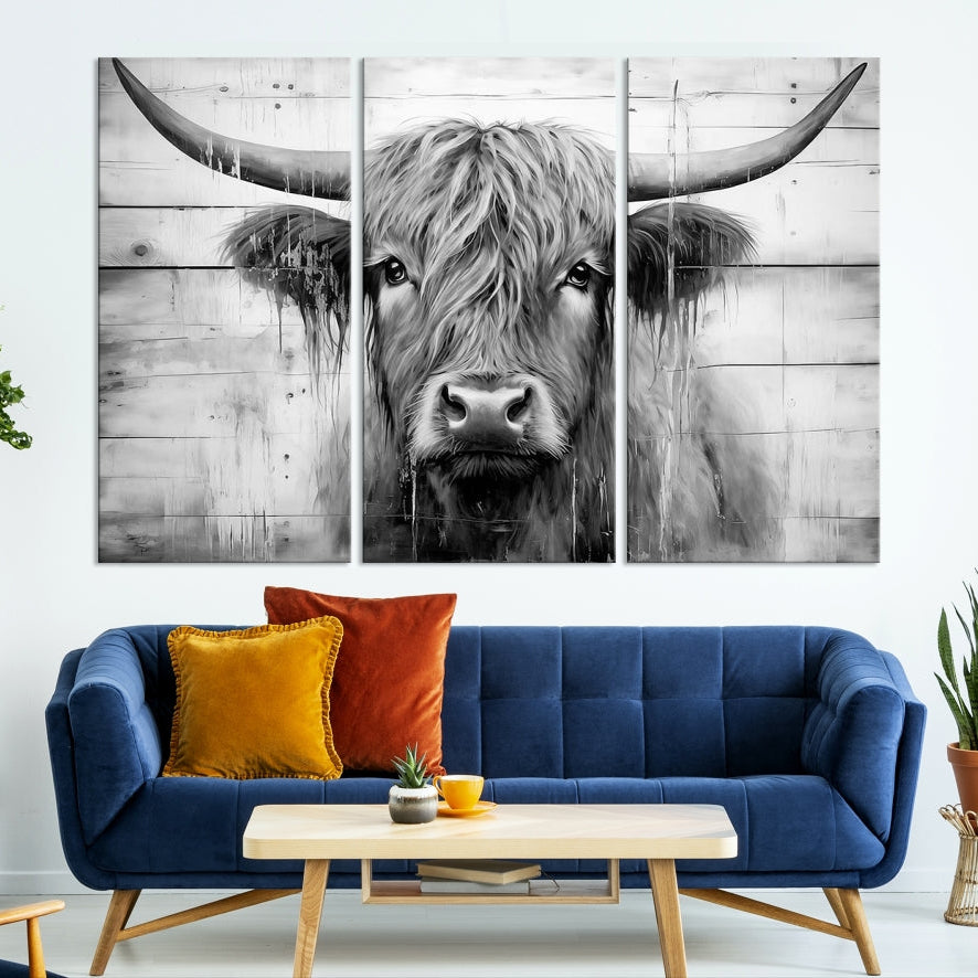 Edit-Images-Black White Highland Cow Wall Art Canvas Print