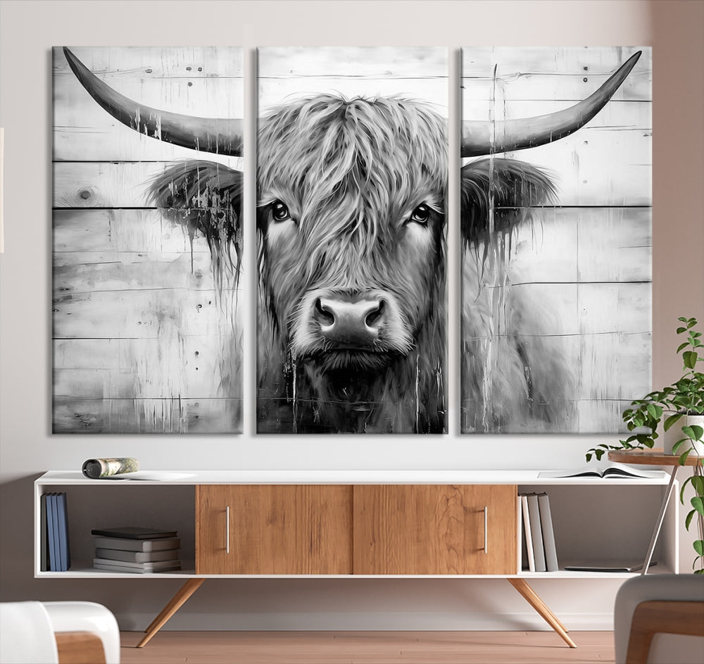 Edit-Images-Black White Highland Cow Wall Art Canvas Print
