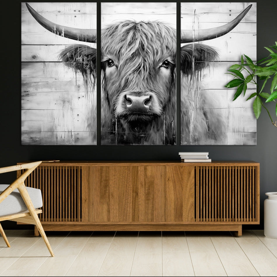Edit-Images-Black White Highland Cow Wall Art Canvas Print