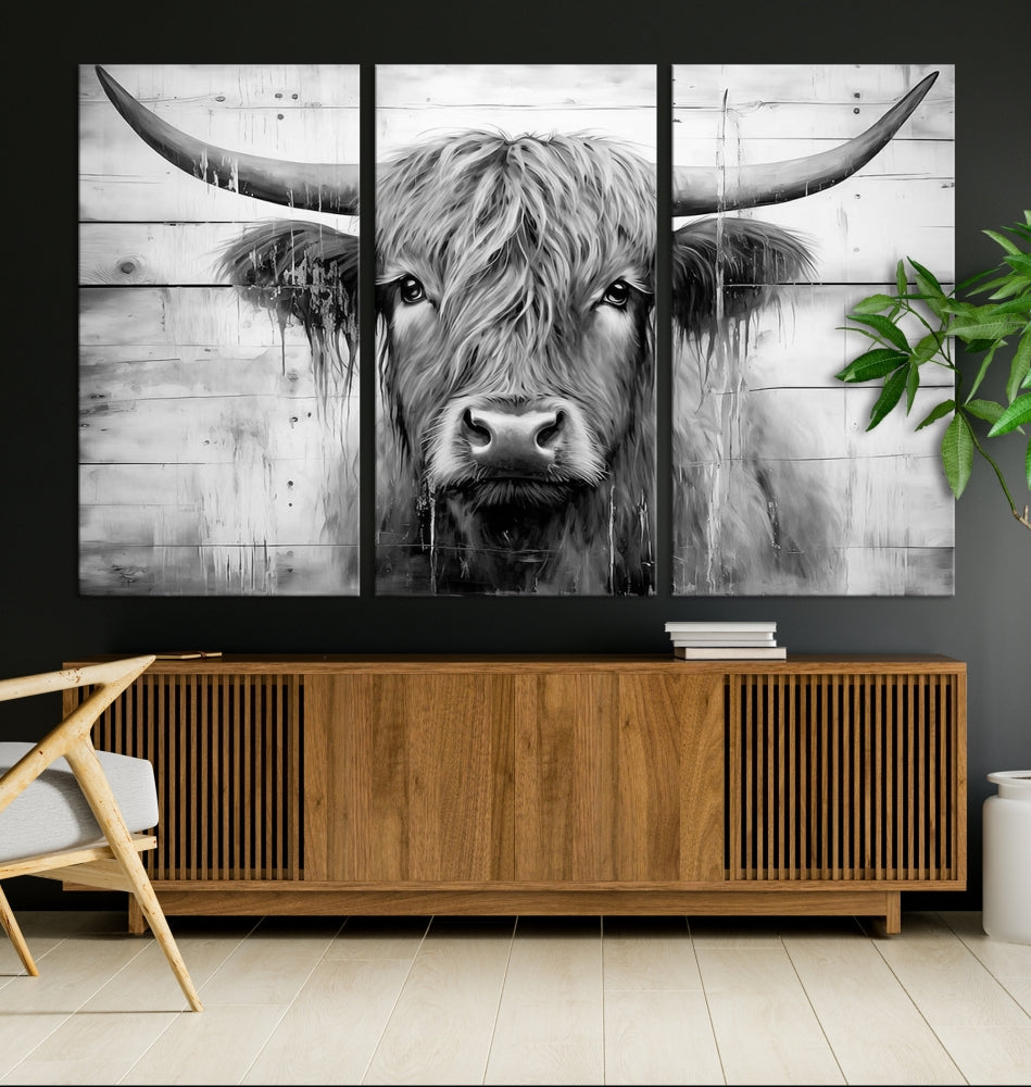 Edit-Images-Black White Highland Cow Wall Art Canvas Print