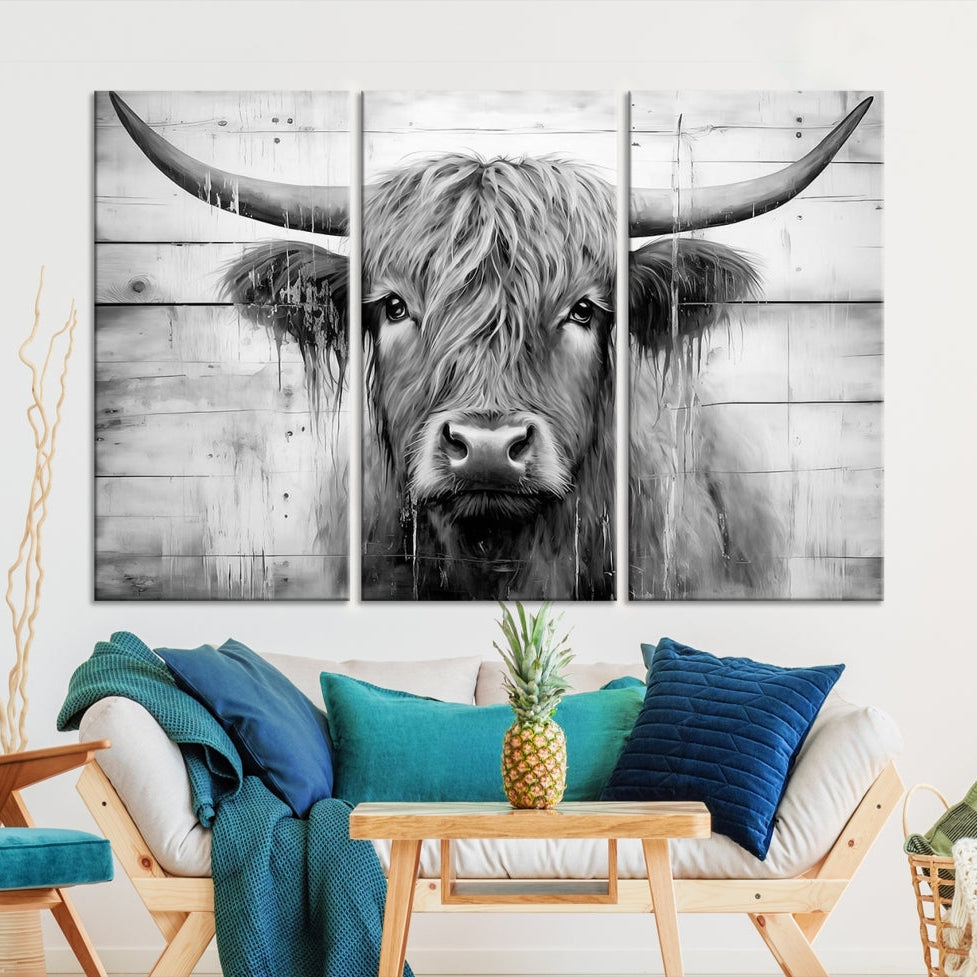 Edit-Images-Black White Highland Cow Wall Art Canvas Print