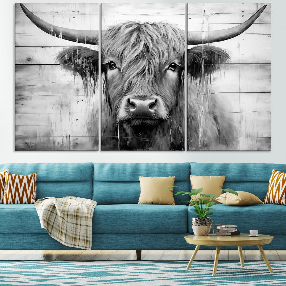 Edit-Images-Black White Highland Cow Wall Art Canvas Print