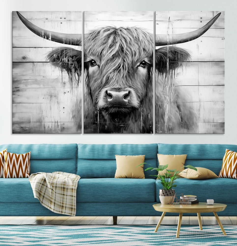 Edit-Images-Black White Highland Cow Wall Art Canvas Print