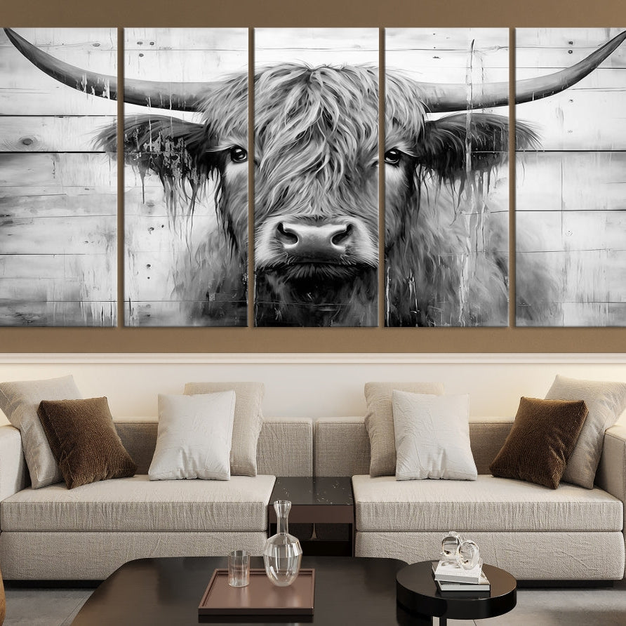 Edit-Images-Black White Highland Cow Wall Art Canvas Print