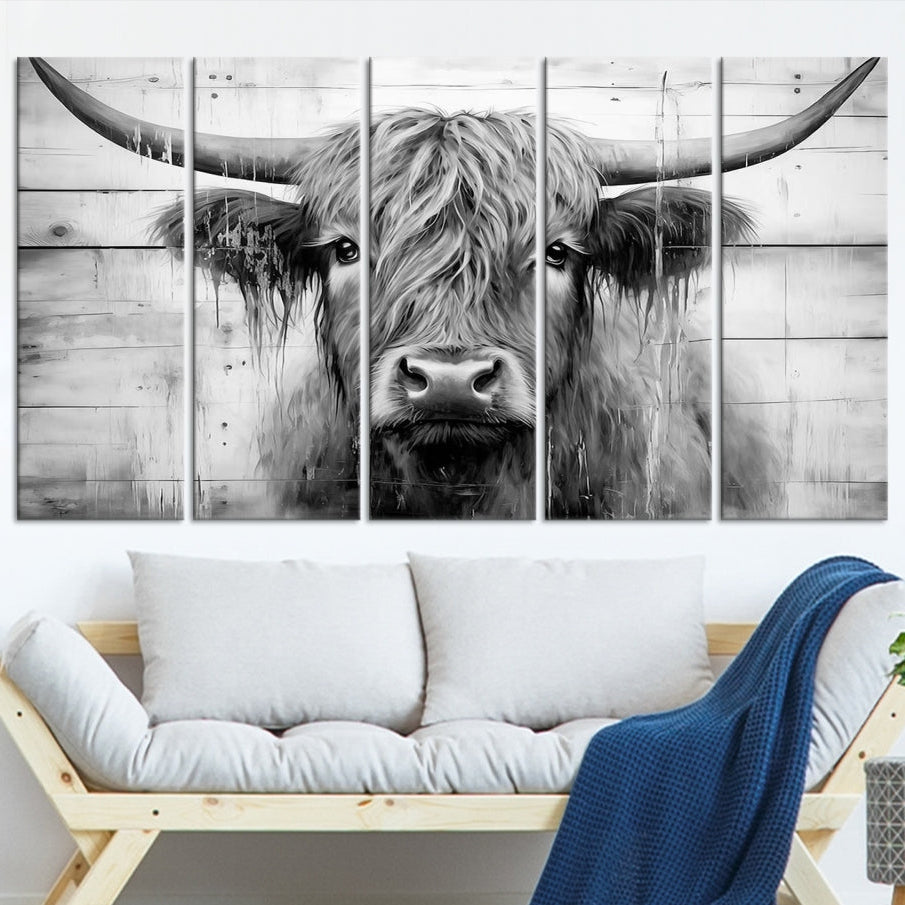 Edit-Images-Black White Highland Cow Wall Art Canvas Print