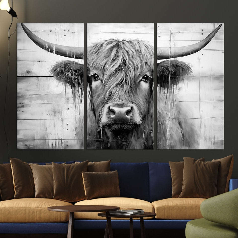 Edit-Images-Black White Highland Cow Wall Art Canvas Print