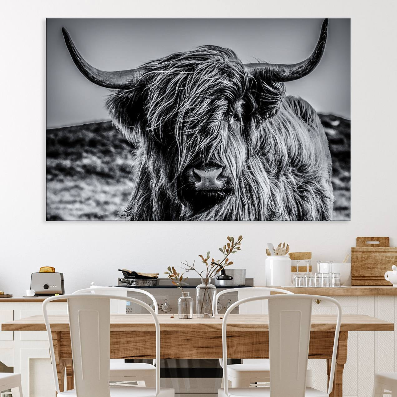 14594-MGV-CV-36X24-Black and White Cow Wall Art Canvas Print Highland Cattle Canvas Art