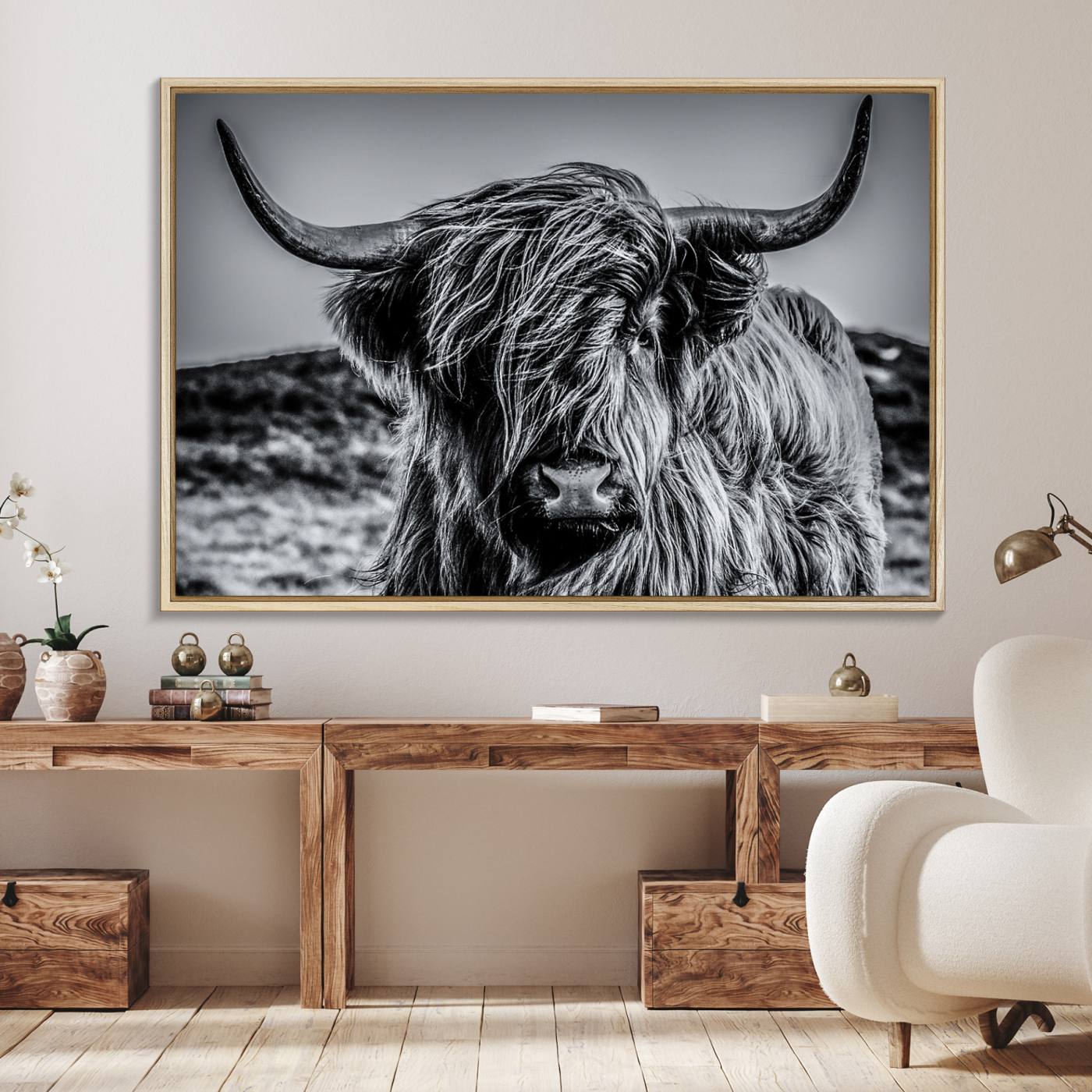 14594-MGV-FC-36X24_Natural-Black and White Cow Wall Art Canvas Print Highland Cattle Canvas Art