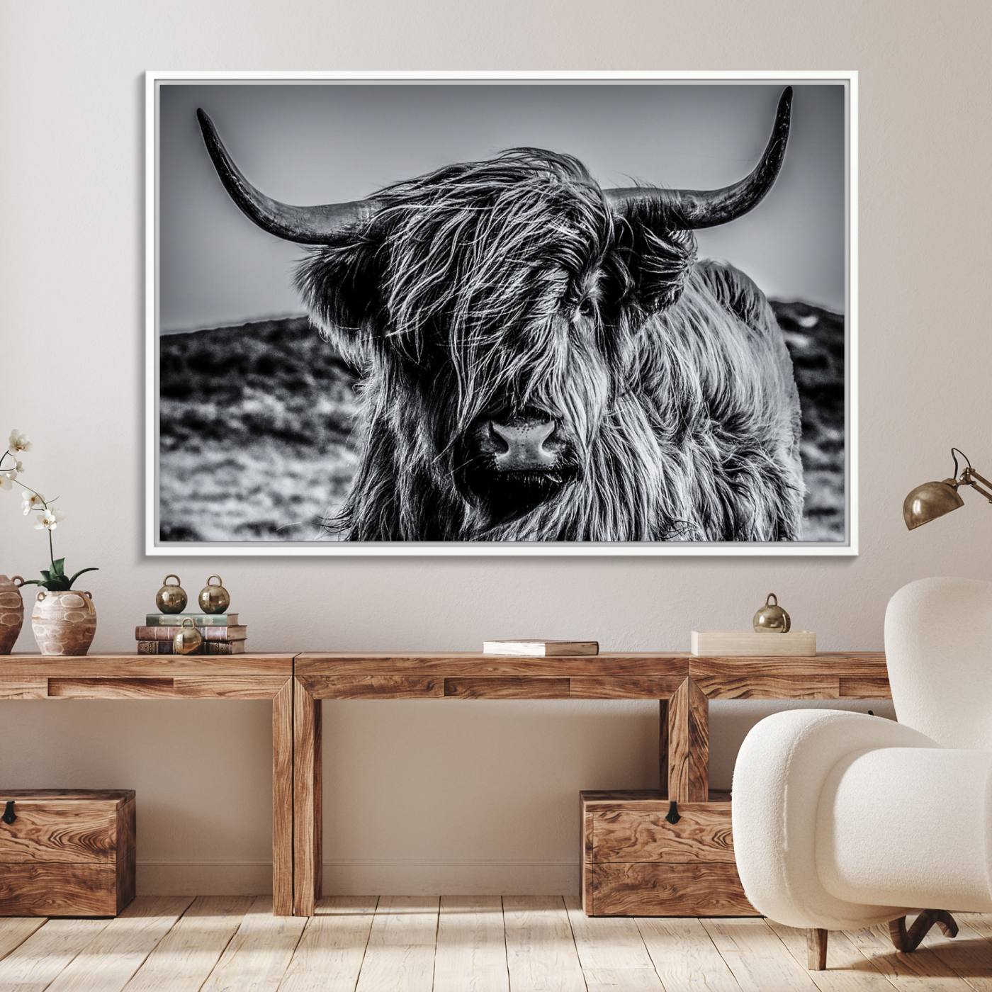 14594-MGV-FC-36X24_White-Black and White Cow Wall Art Canvas Print Highland Cattle Canvas Art