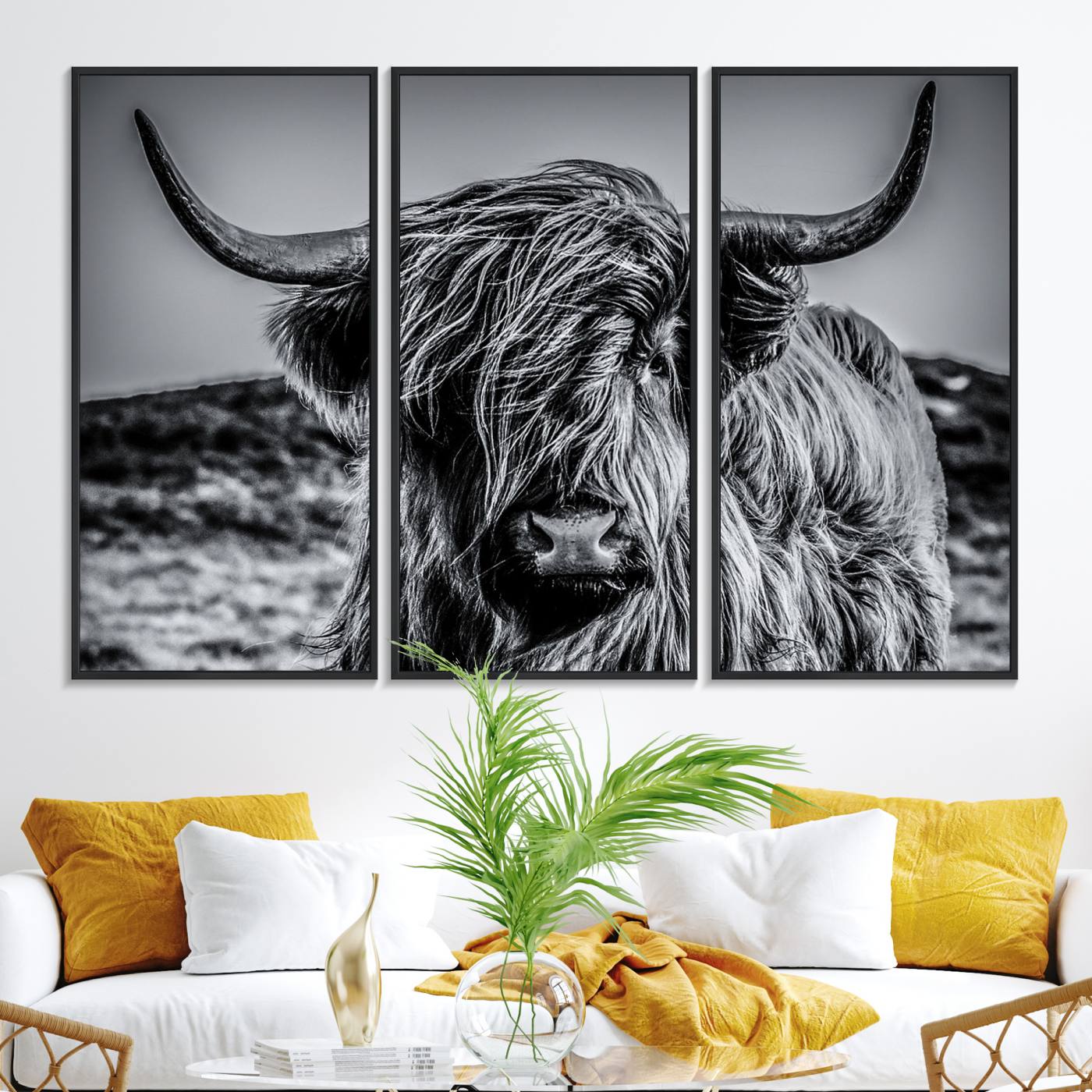 14594-MGV-FC-48X32-3P_Black-Black and White Cow Wall Art Canvas Print Highland Cattle Canvas Art