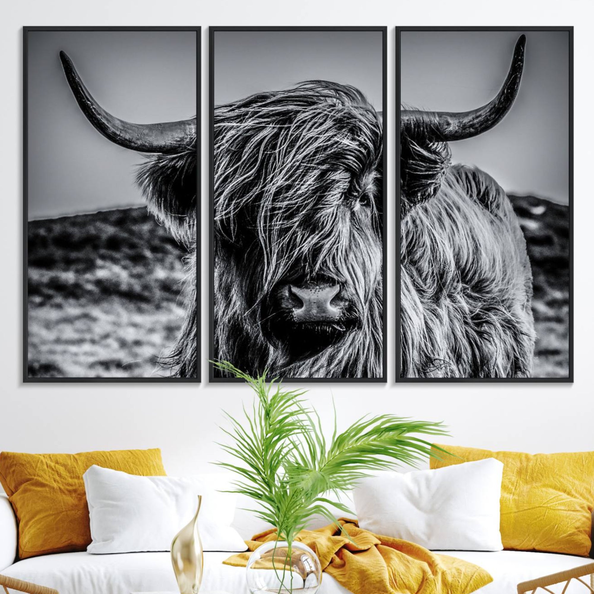14594-MGV-FC-48X32-3P_Black-Black and White Cow Wall Art Canvas Print Highland Cattle Canvas Art