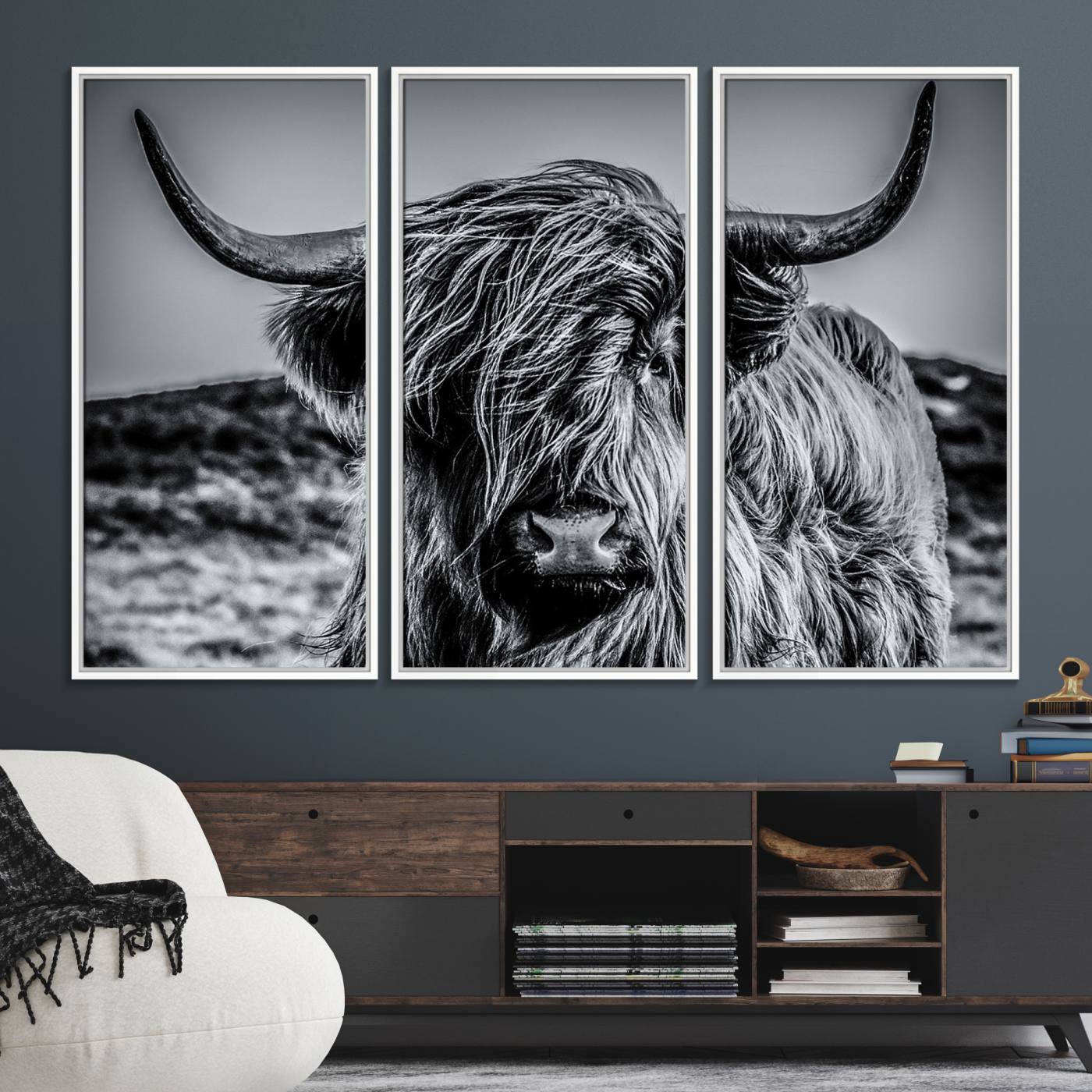 14594-MGV-FC-48X32-3P_White-Black and White Cow Wall Art Canvas Print Highland Cattle Canvas Art