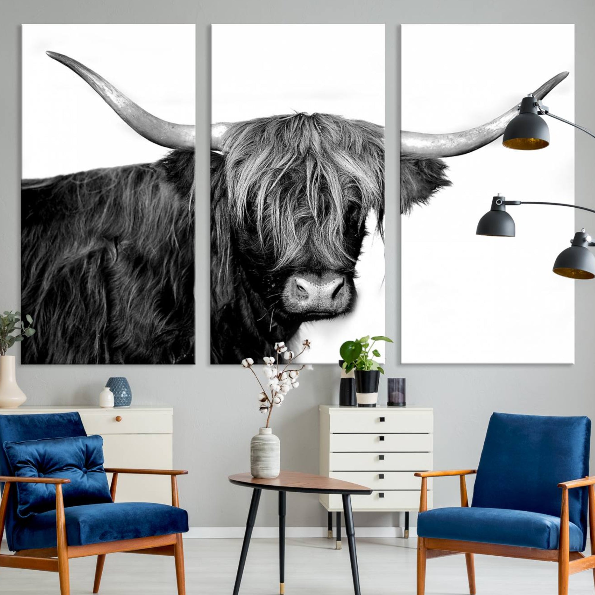 31170-MGV-CV-36X24-Black and White Highland Cow Multi Panel Wall Art Canvas, Black and White Highland Cow Canvas Print
