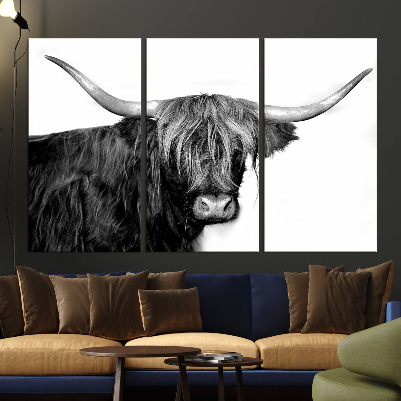 -Black and White Highland Cow Multi Panel Wall Art Canvas, Black and White Highland Cow Canvas Print