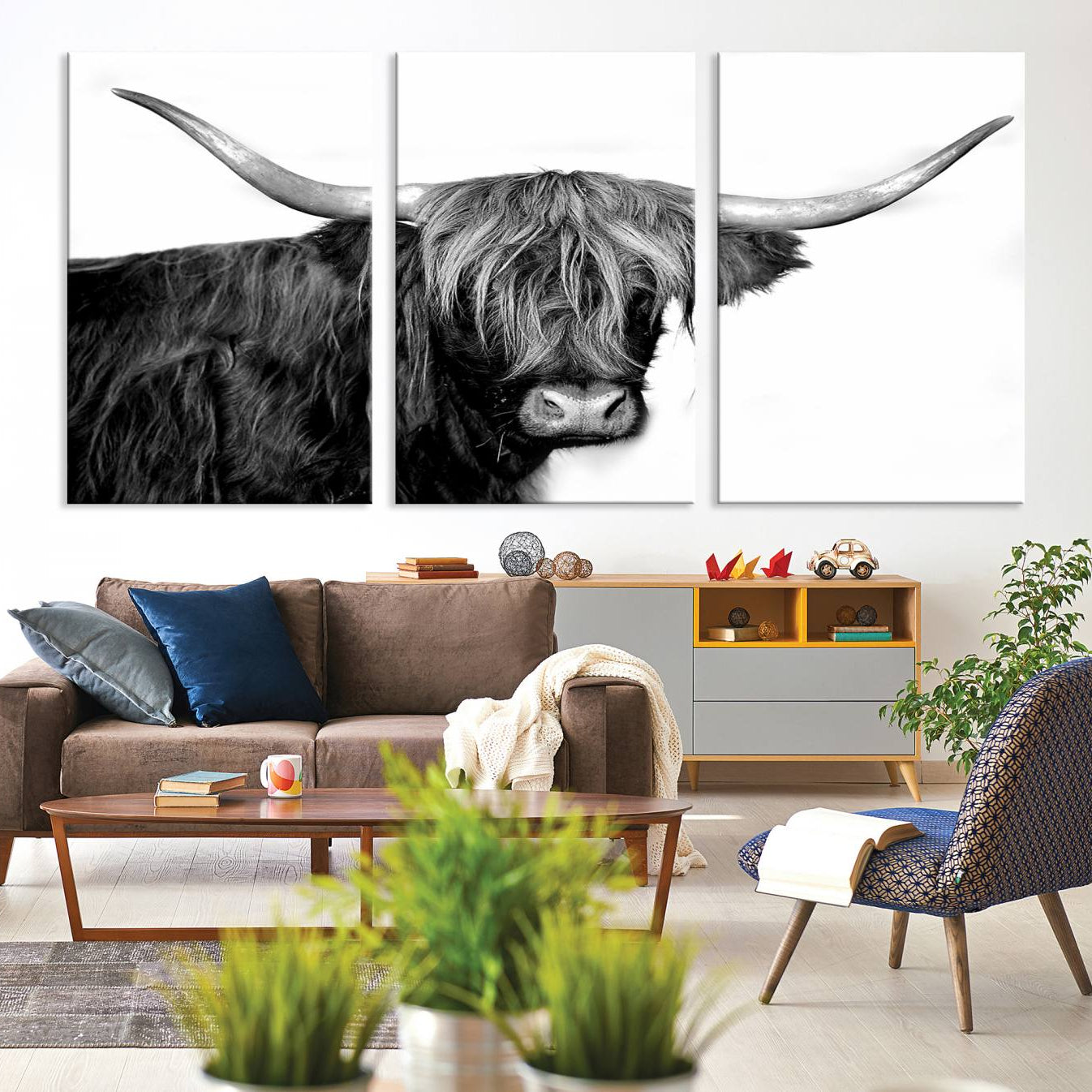 -Black and White Highland Cow Multi Panel Wall Art Canvas, Black and White Highland Cow Canvas Print