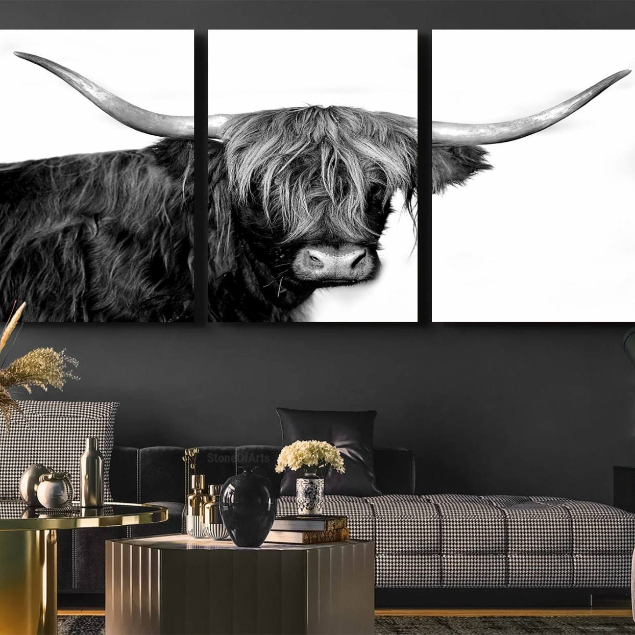 -Black and White Highland Cow Multi Panel Wall Art Canvas, Black and White Highland Cow Canvas Print