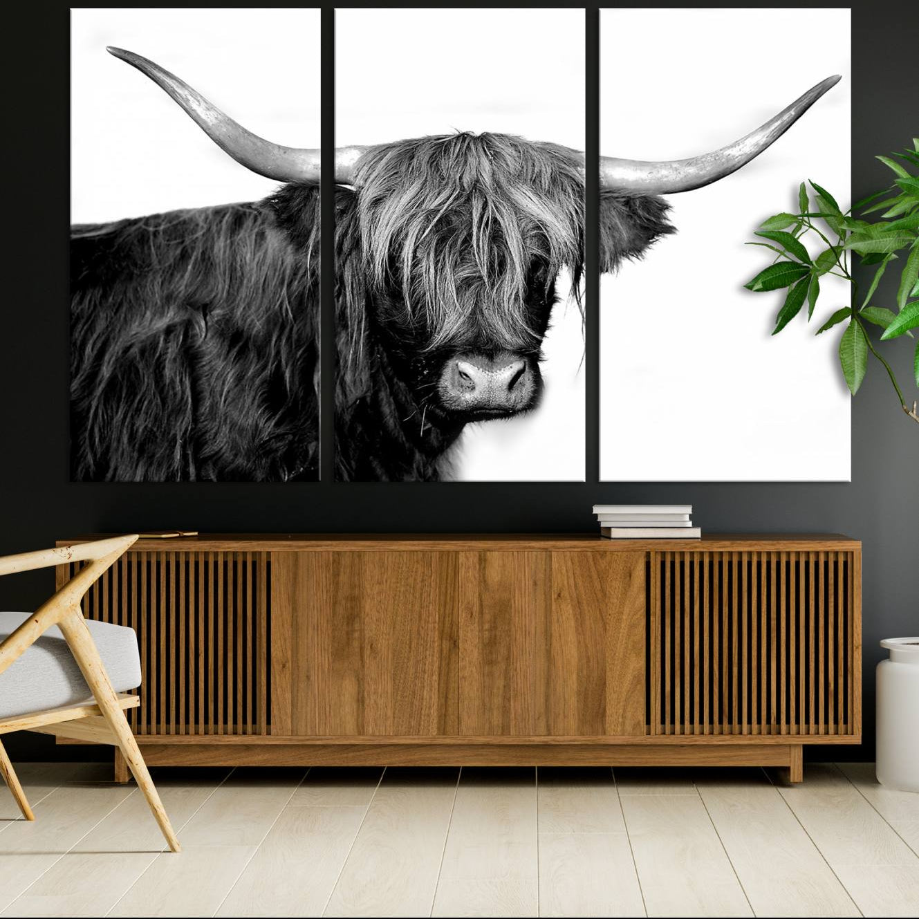 -Black and White Highland Cow Multi Panel Wall Art Canvas, Black and White Highland Cow Canvas Print