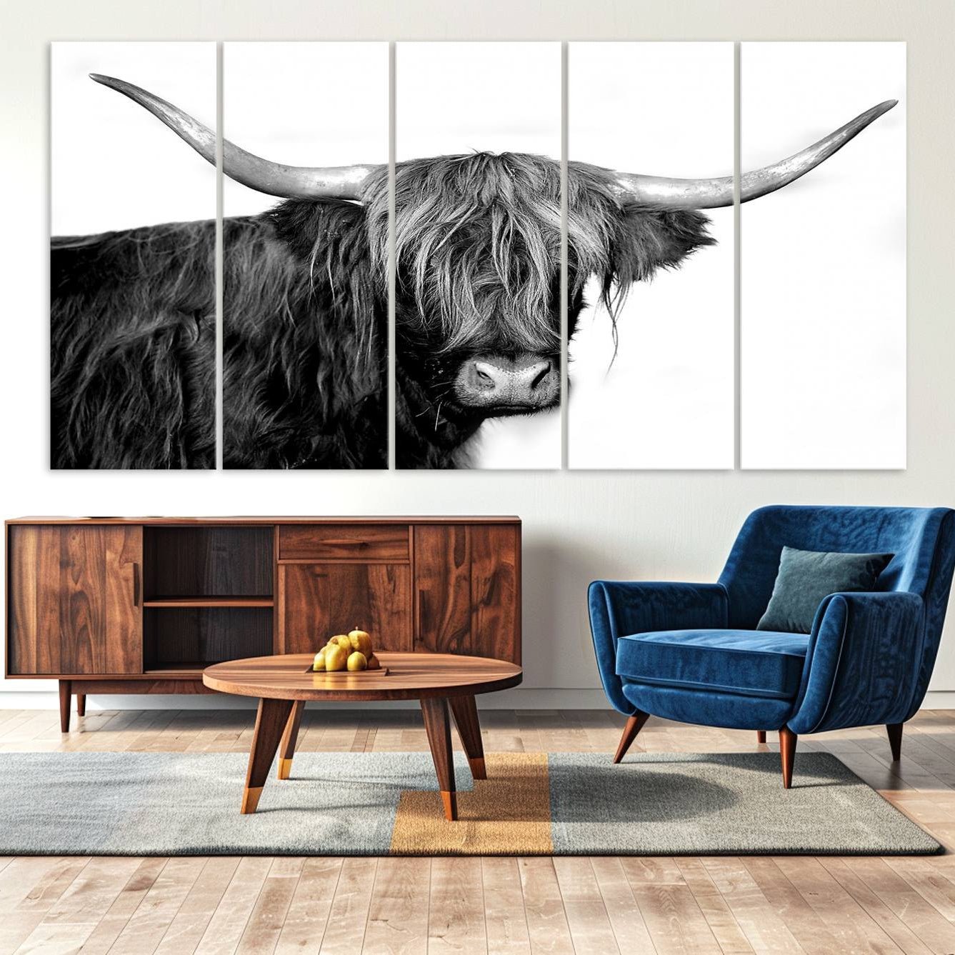 -Black and White Highland Cow Multi Panel Wall Art Canvas, Black and White Highland Cow Canvas Print