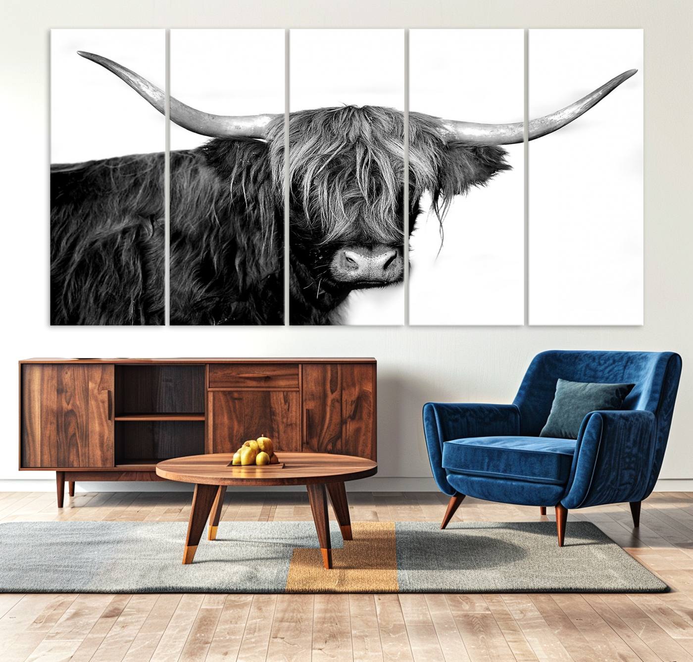 -Black and White Highland Cow Multi Panel Wall Art Canvas, Black and White Highland Cow Canvas Print