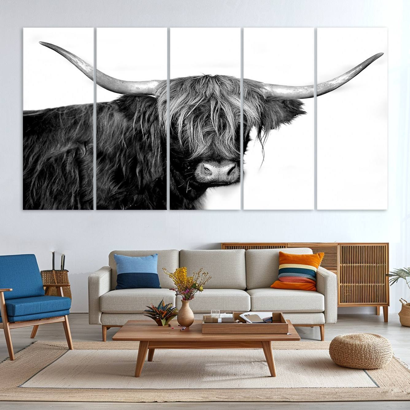 -Black and White Highland Cow Multi Panel Wall Art Canvas, Black and White Highland Cow Canvas Print