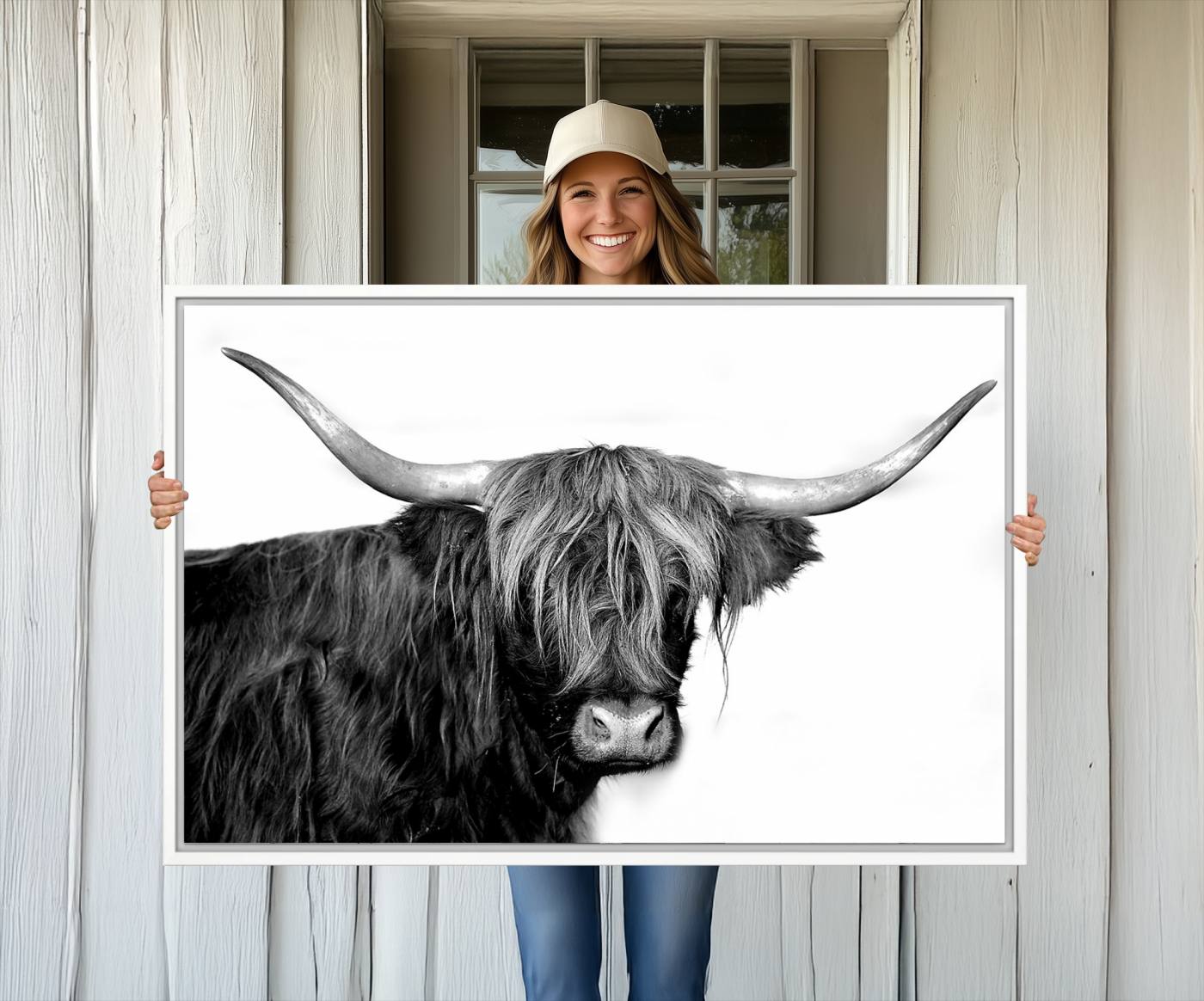 -Black and White Highland Cow Multi Panel Wall Art Canvas, Black and White Highland Cow Canvas Print