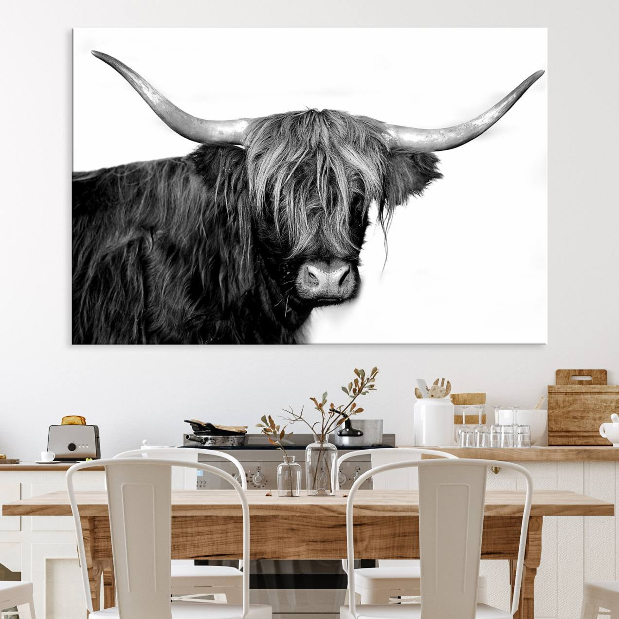 31170-MGV-CV-36X24-Black and White Highland Cow Multi Panel Wall Art Canvas, Black and White Highland Cow Canvas Print