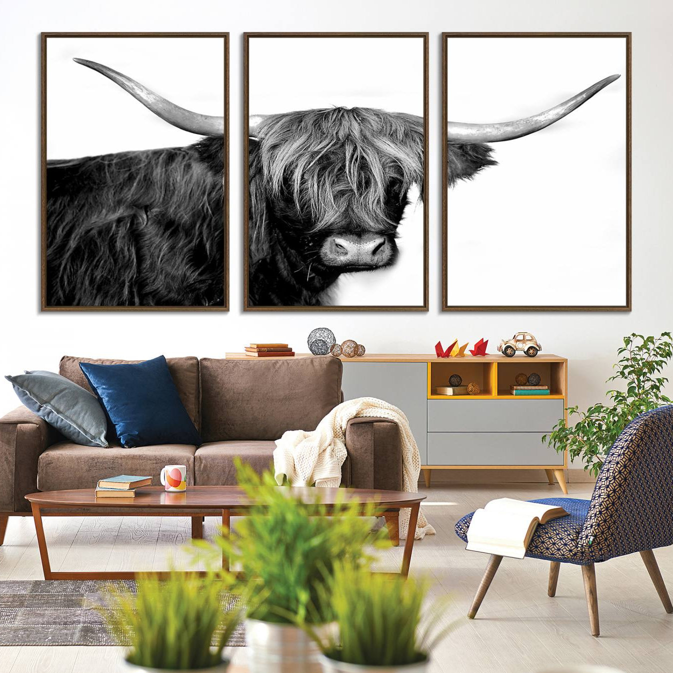 -Black and White Highland Cow Multi Panel Wall Art Canvas, Black and White Highland Cow Canvas Print