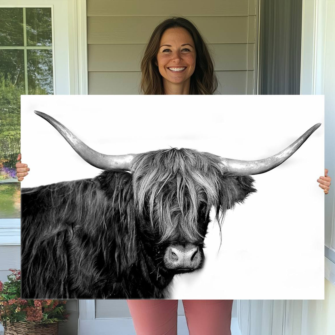 31170-MGV-CV-36X24-Black and White Highland Cow Multi Panel Wall Art Canvas, Black and White Highland Cow Canvas Print