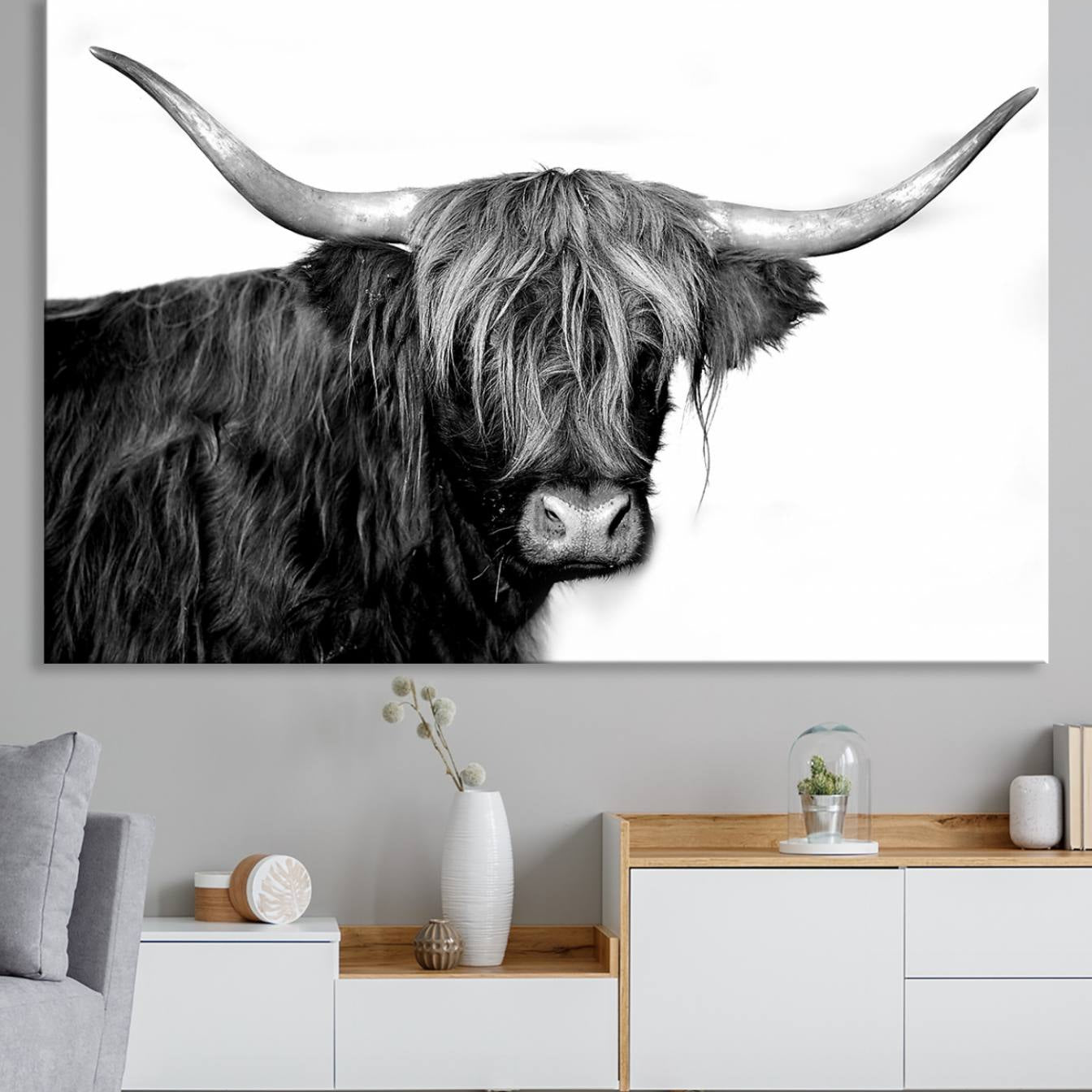 -Black and White Highland Cow Multi Panel Wall Art Canvas, Black and White Highland Cow Canvas Print