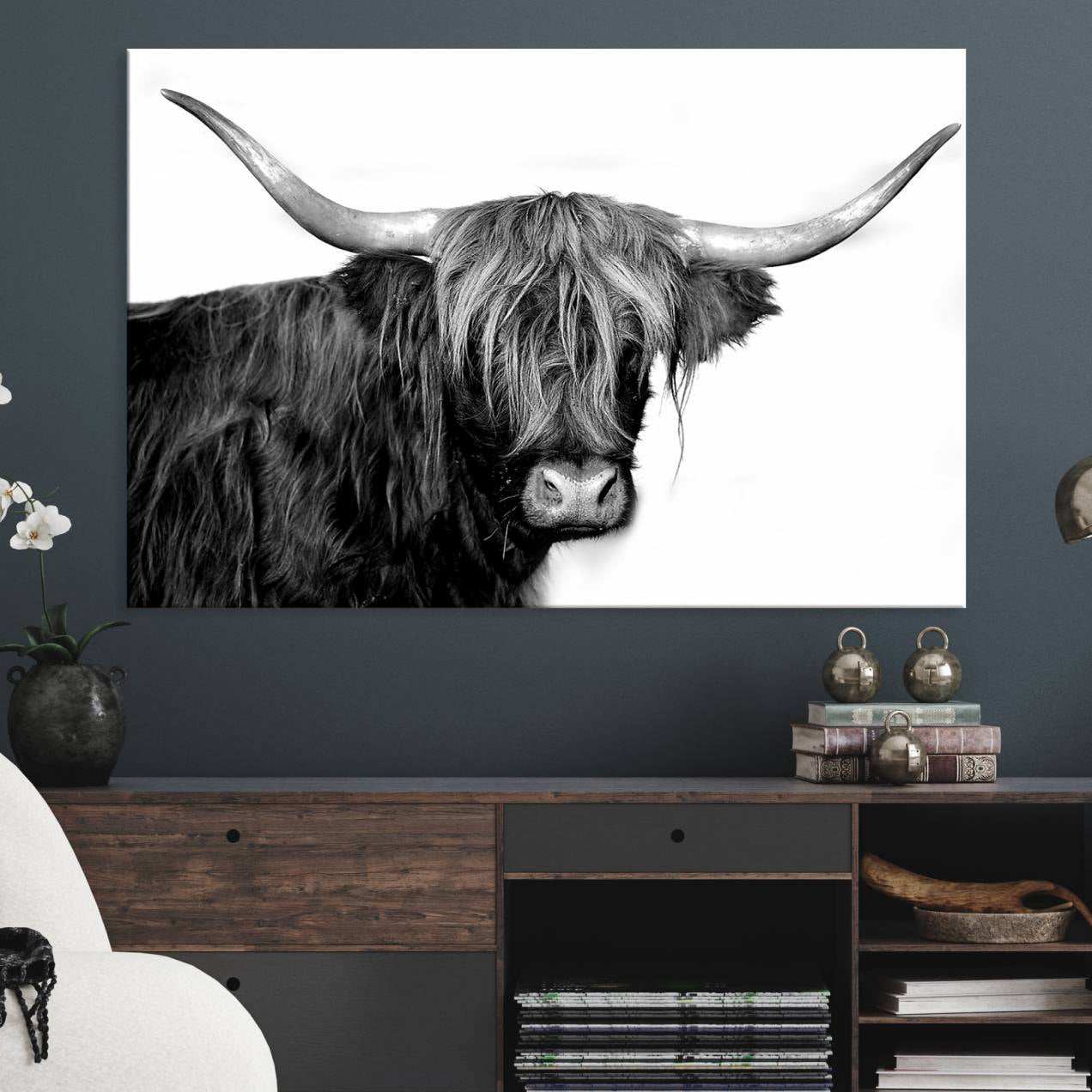 31170-MGV-CV-36X24-Black and White Highland Cow Multi Panel Wall Art Canvas, Black and White Highland Cow Canvas Print