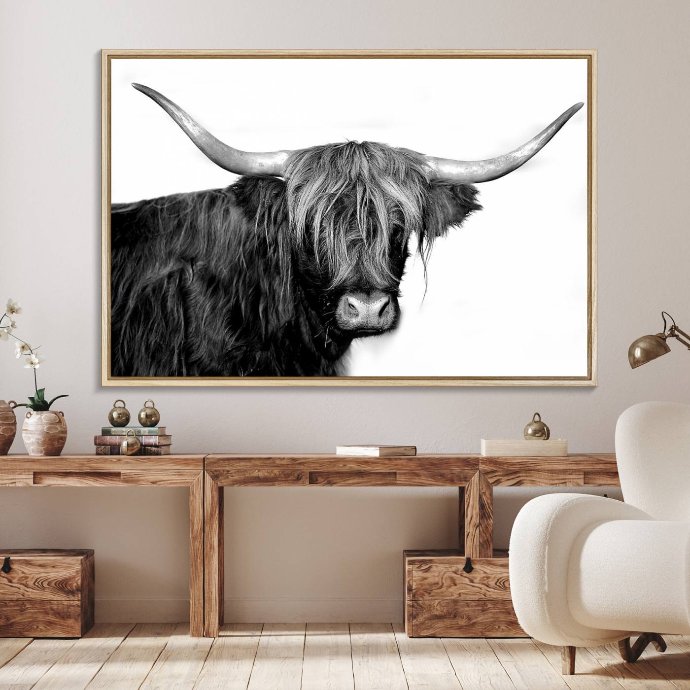 31170-MGV-FC-36X24_Natural-Black and White Highland Cow Multi Panel Wall Art Canvas, Black and White Highland Cow Canvas Print