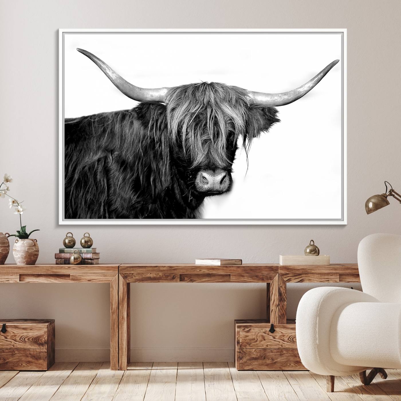 31170-MGV-FC-36X24_White-Black and White Highland Cow Multi Panel Wall Art Canvas, Black and White Highland Cow Canvas Print