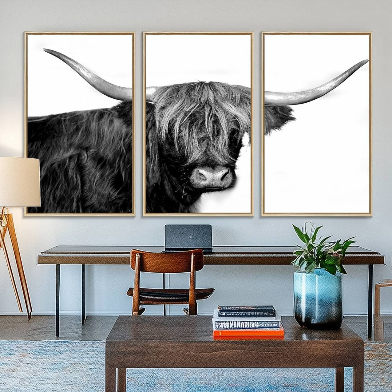 31170-MGV-FC-48X32-3P_Natural-Black and White Highland Cow Multi Panel Wall Art Canvas, Black and White Highland Cow Canvas Print