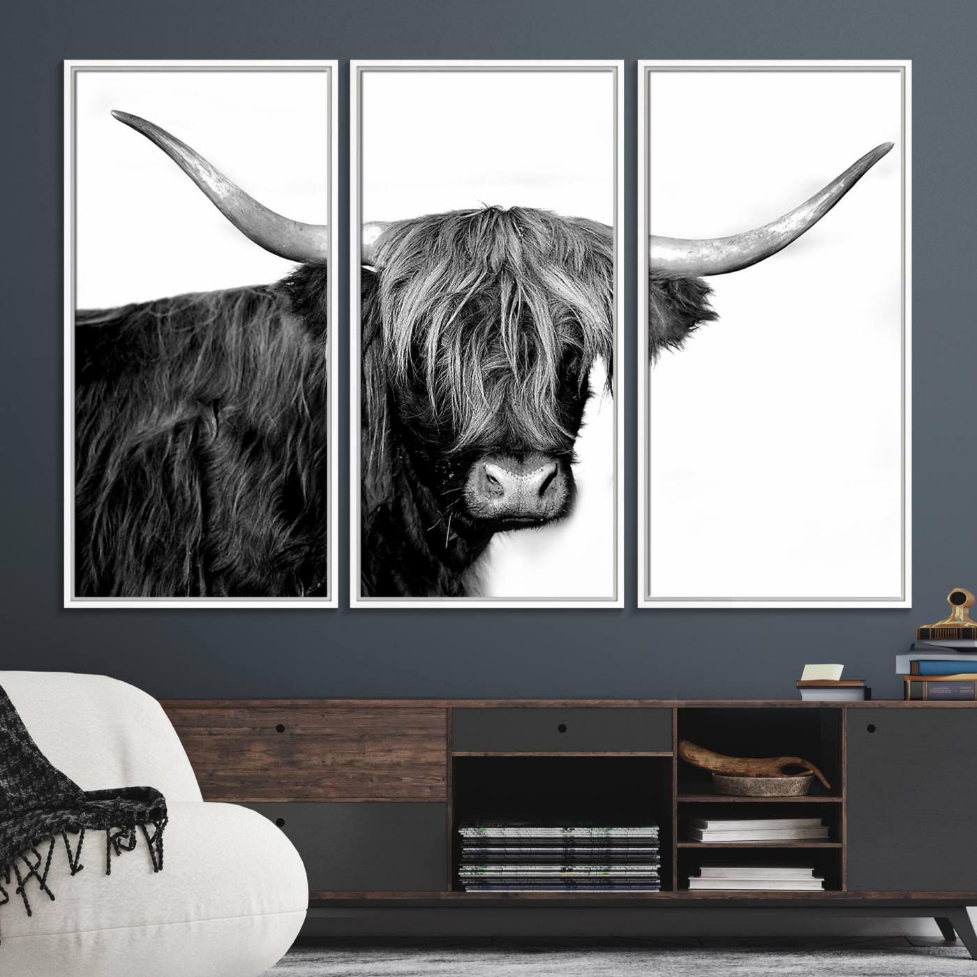 31170-MGV-FC-48X32-3P_White-Black and White Highland Cow Multi Panel Wall Art Canvas, Black and White Highland Cow Canvas Print