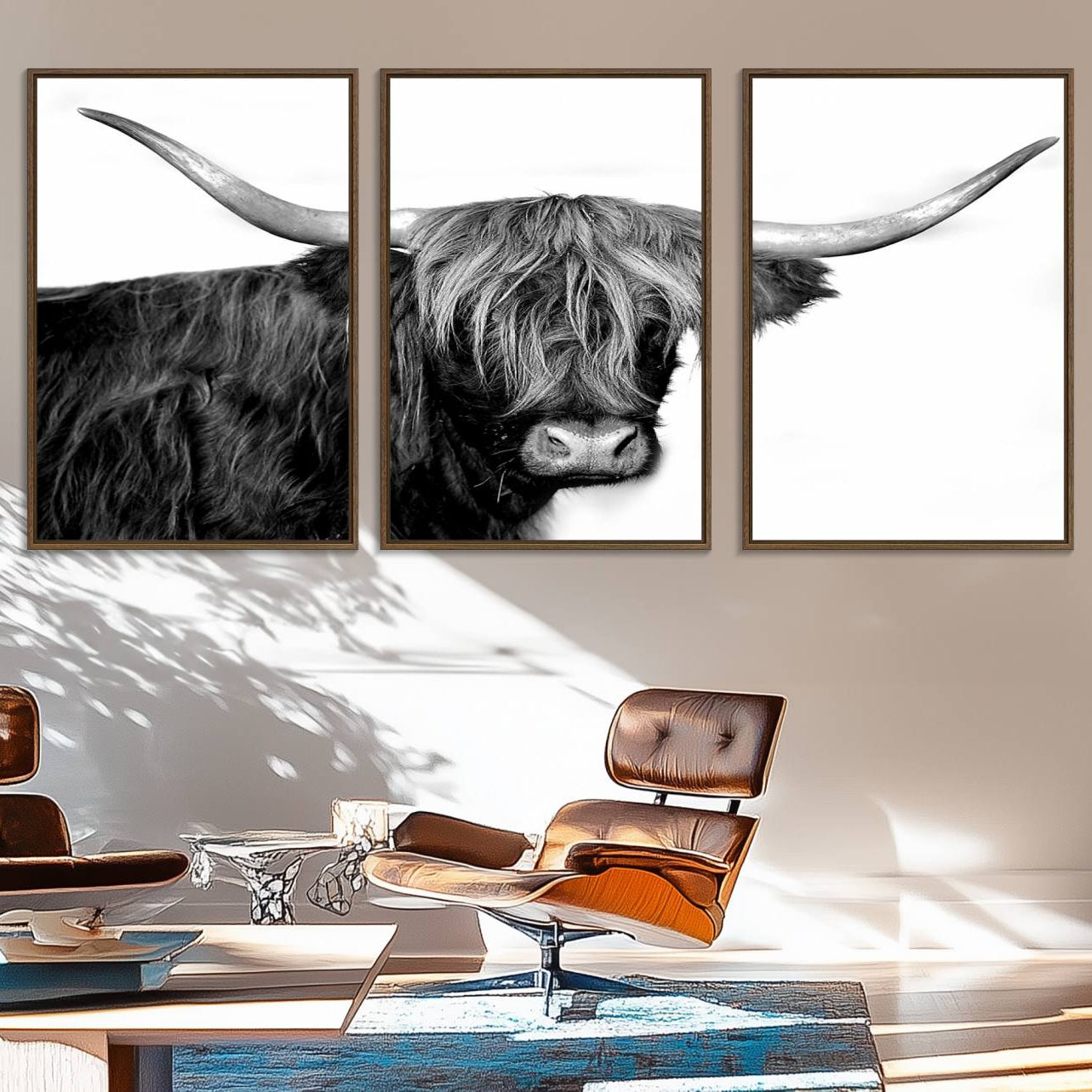 31170-MGV-FC-60X30-3P_Walnut-Black and White Highland Cow Multi Panel Wall Art Canvas, Black and White Highland Cow Canvas Print