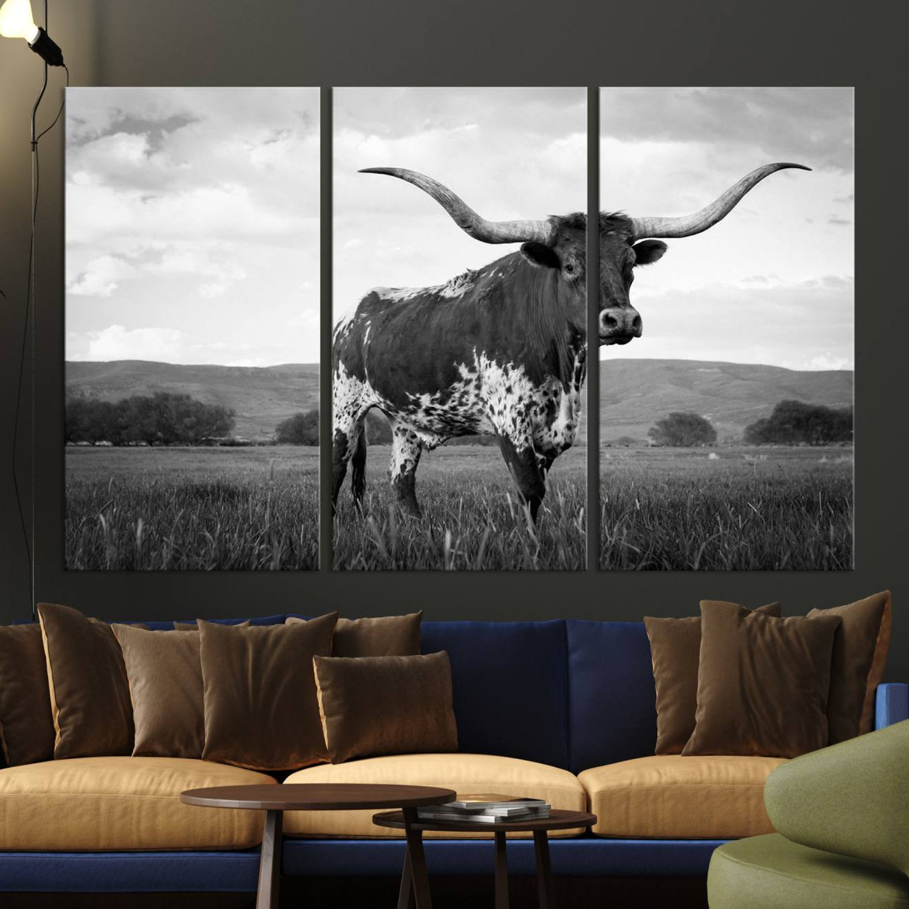 46976-MGV-CV-36X24-Black and White Longhorn Texas Cow Canvas Wall Art Print Animal Picture, Black and White Longhorn