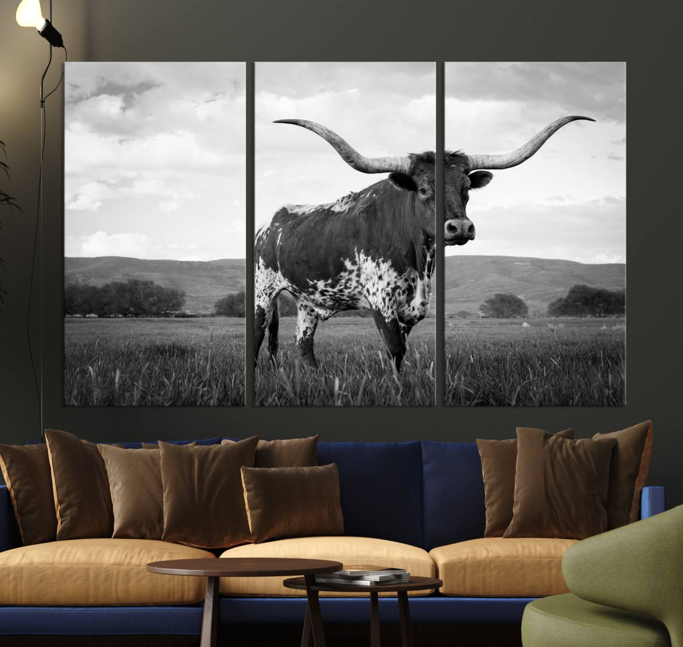-Black and White Longhorn Texas Cow Canvas Wall Art Print Animal Picture, Black and White Longhorn