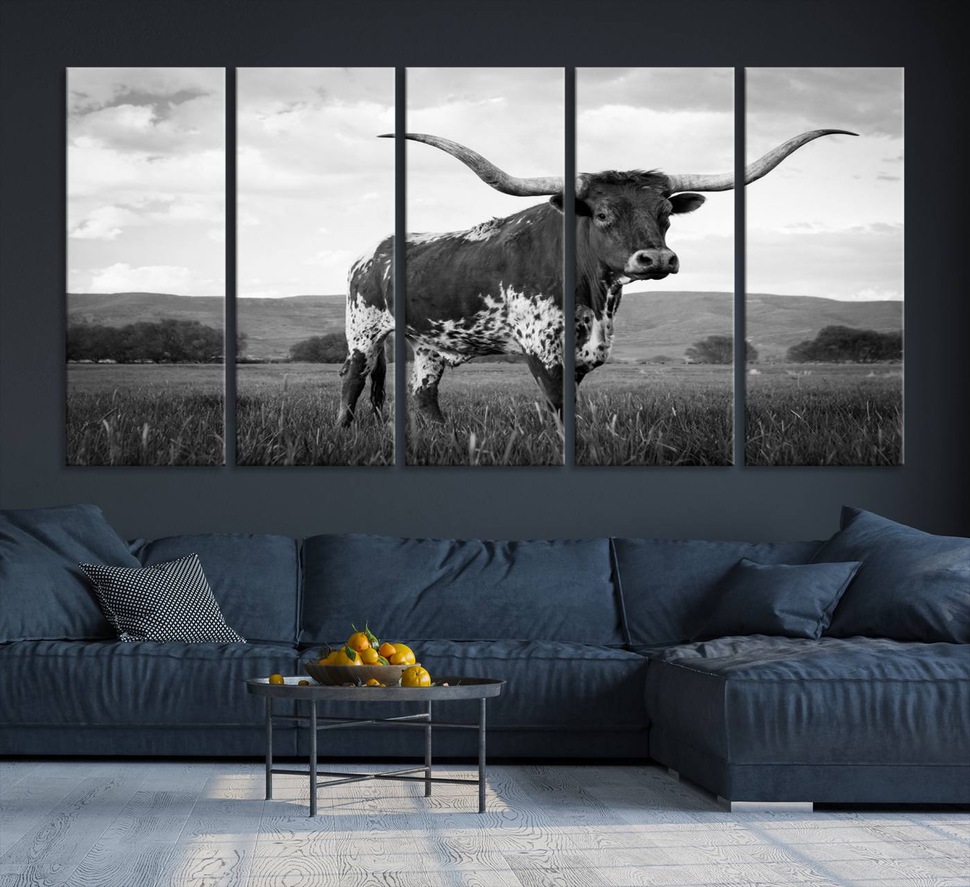 -Black and White Longhorn Texas Cow Canvas Wall Art Print Animal Picture, Black and White Longhorn