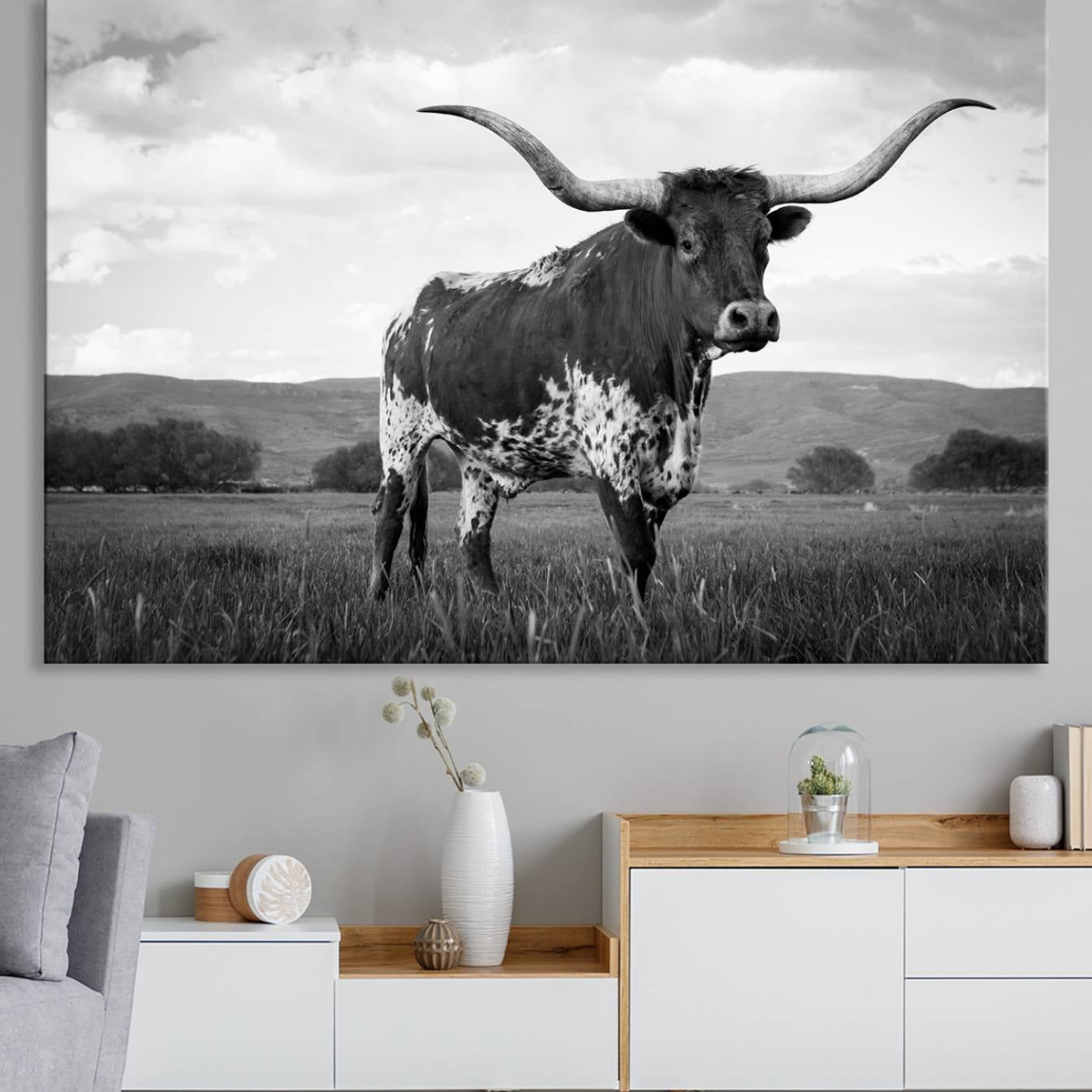 -Black and White Longhorn Texas Cow Canvas Wall Art Print Animal Picture, Black and White Longhorn