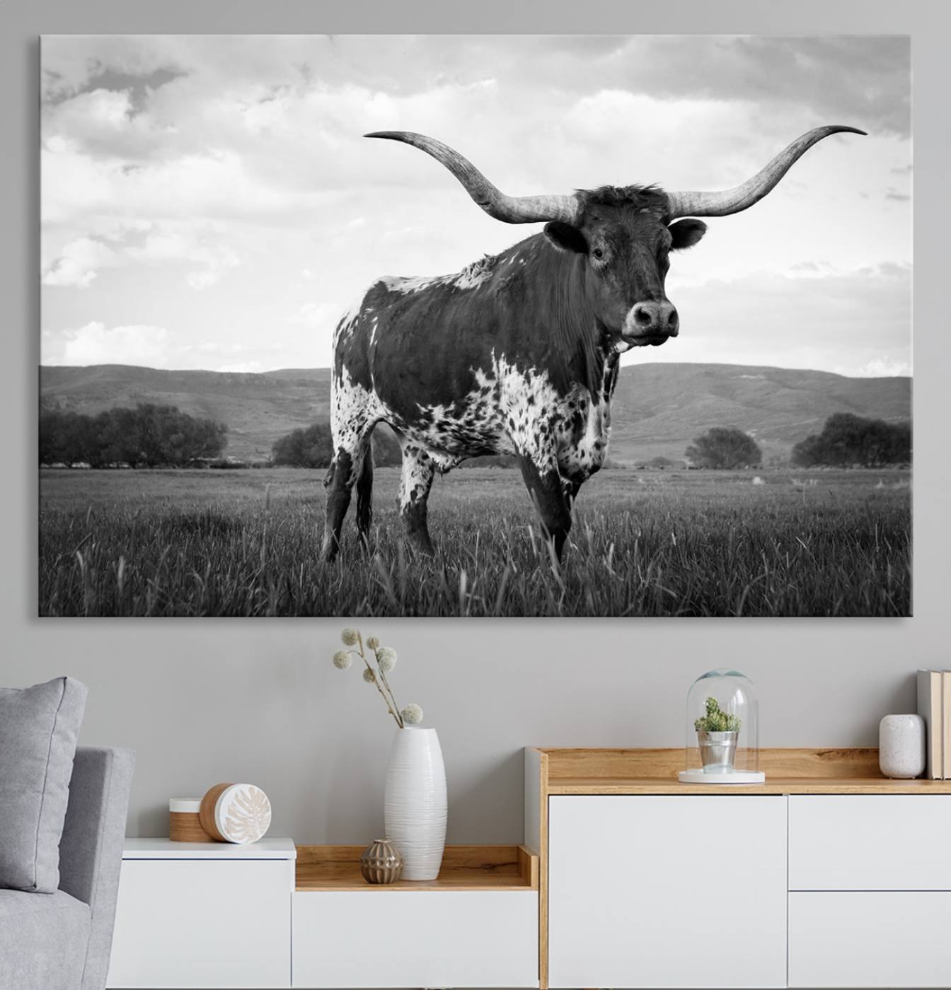 -Black and White Longhorn Texas Cow Canvas Wall Art Print Animal Picture, Black and White Longhorn