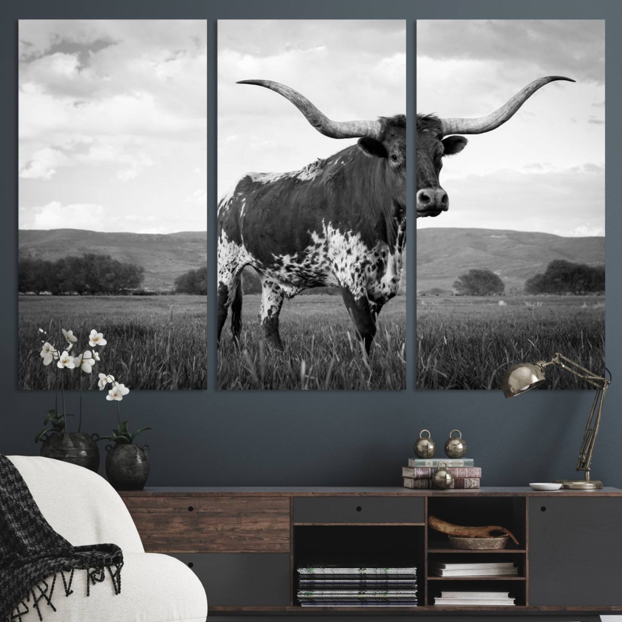 46976-MGV-CV-48X32-3P-Black and White Longhorn Texas Cow Canvas Wall Art Print Animal Picture, Black and White Longhorn