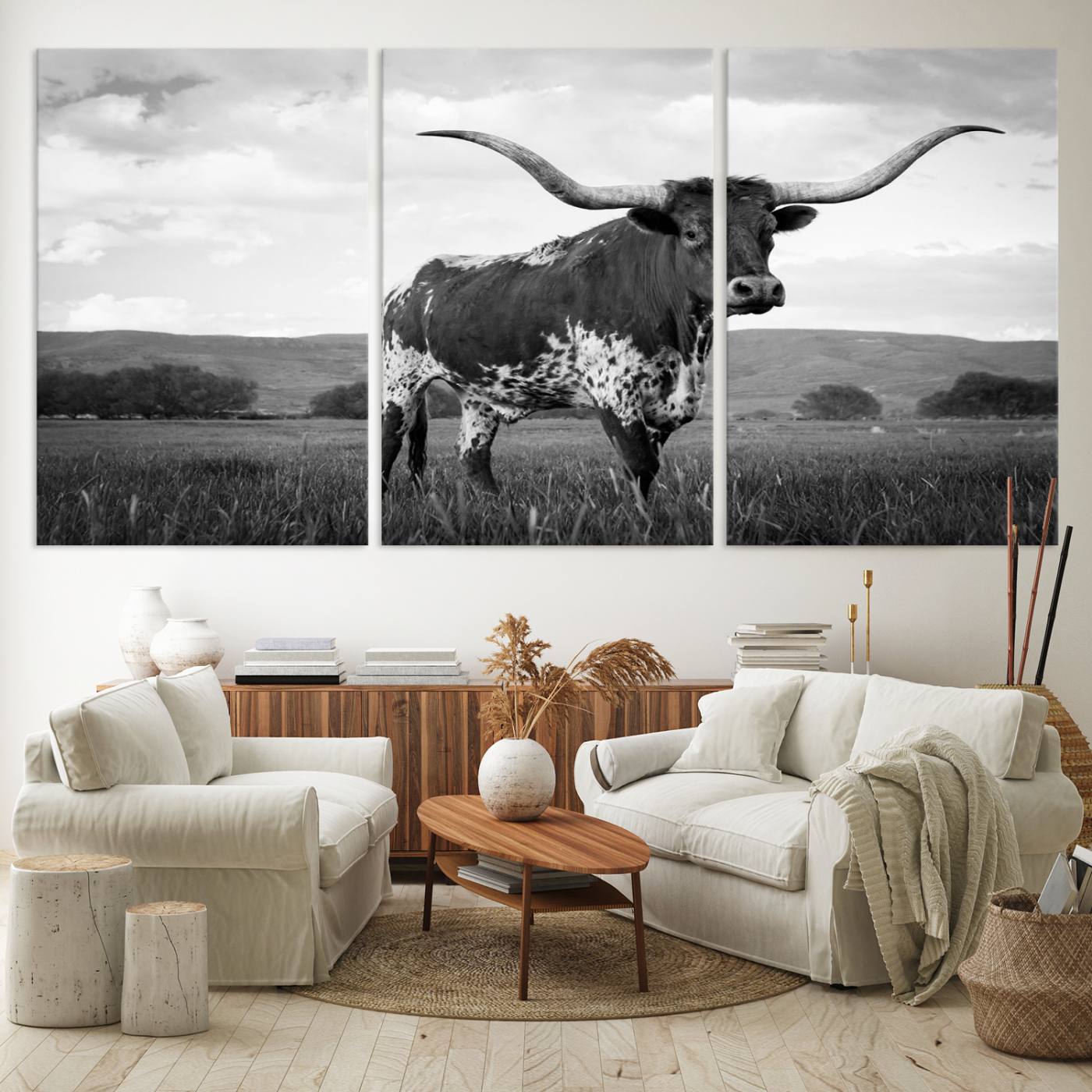 46976-MGV-CV-60X30-3P-Black and White Longhorn Texas Cow Canvas Wall Art Print Animal Picture, Black and White Longhorn