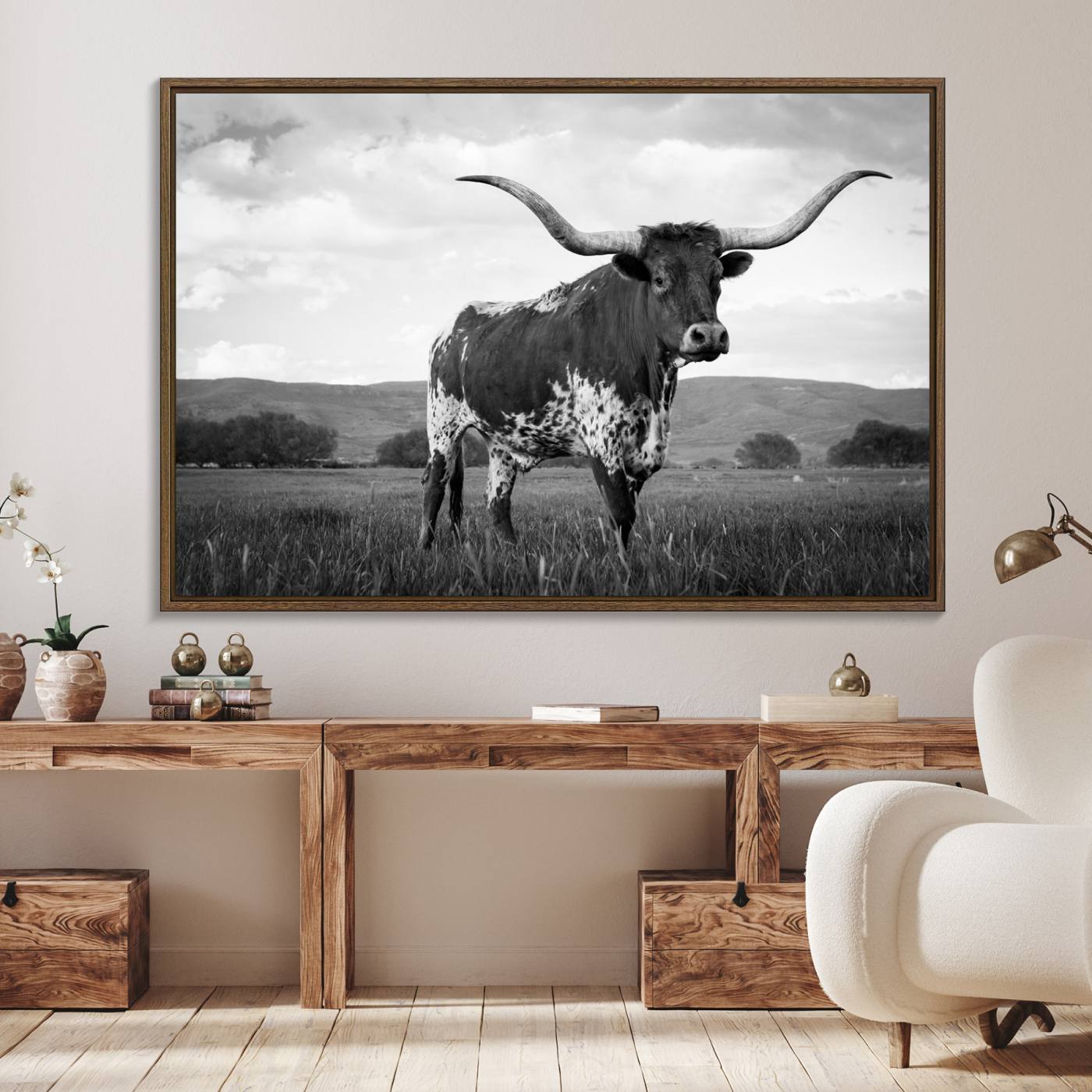 46976-MGV-FC-36X24_Walnut-Black and White Longhorn Texas Cow Canvas Wall Art Print Animal Picture, Black and White Longhorn