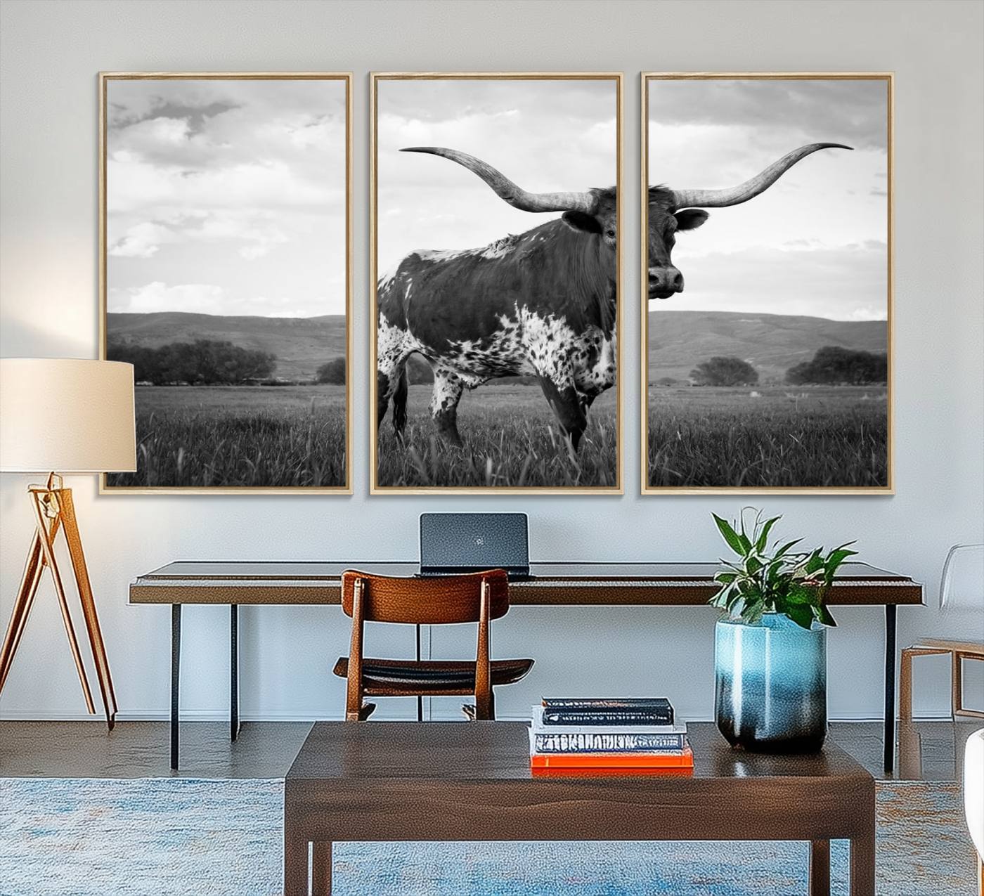 46976-MGV-FC-48X32-3P_Natural-Black and White Longhorn Texas Cow Canvas Wall Art Print Animal Picture, Black and White Longhorn