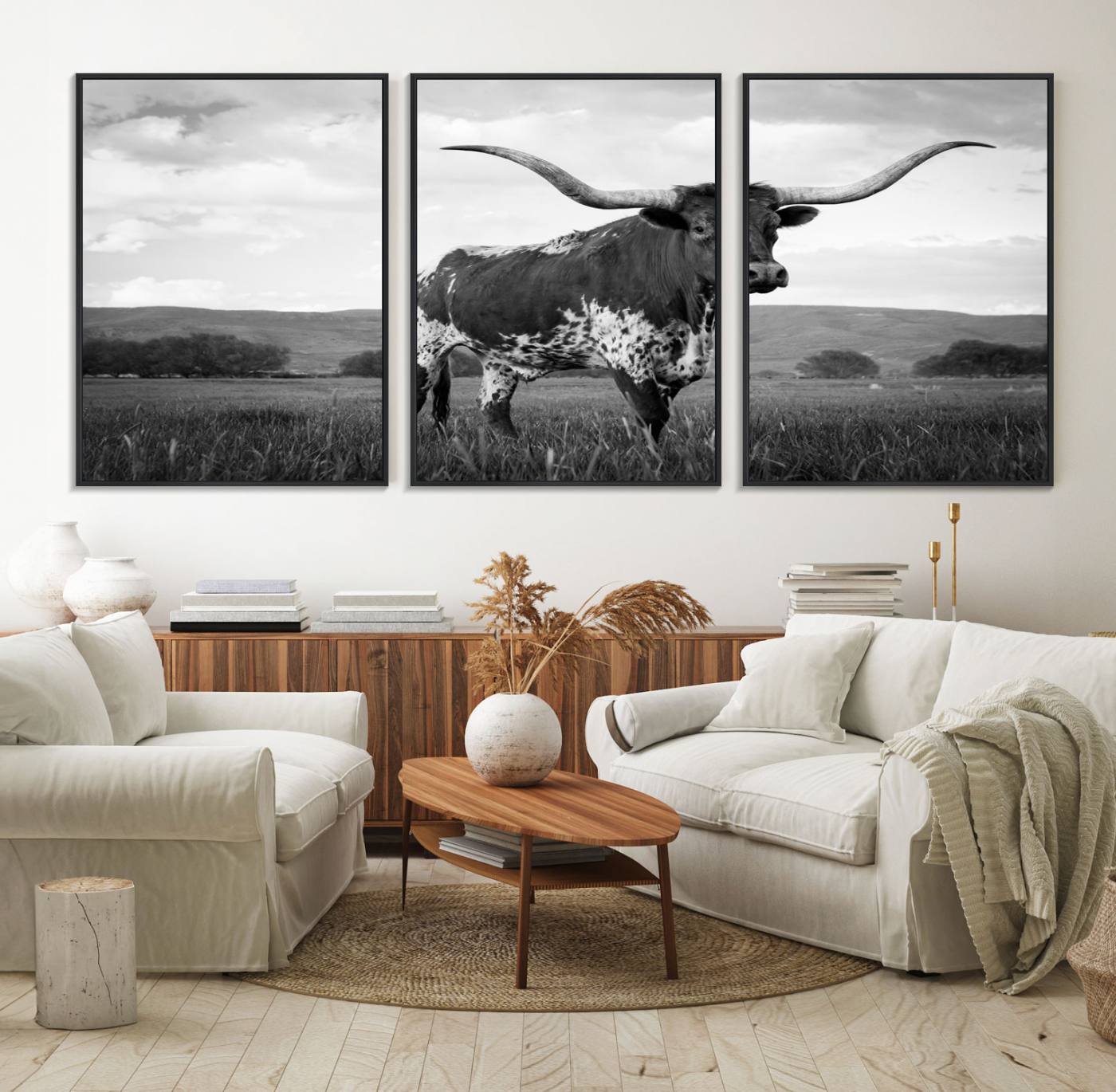46976-MGV-FC-60X30-3P_Black-Black and White Longhorn Texas Cow Canvas Wall Art Print Animal Picture, Black and White Longhorn