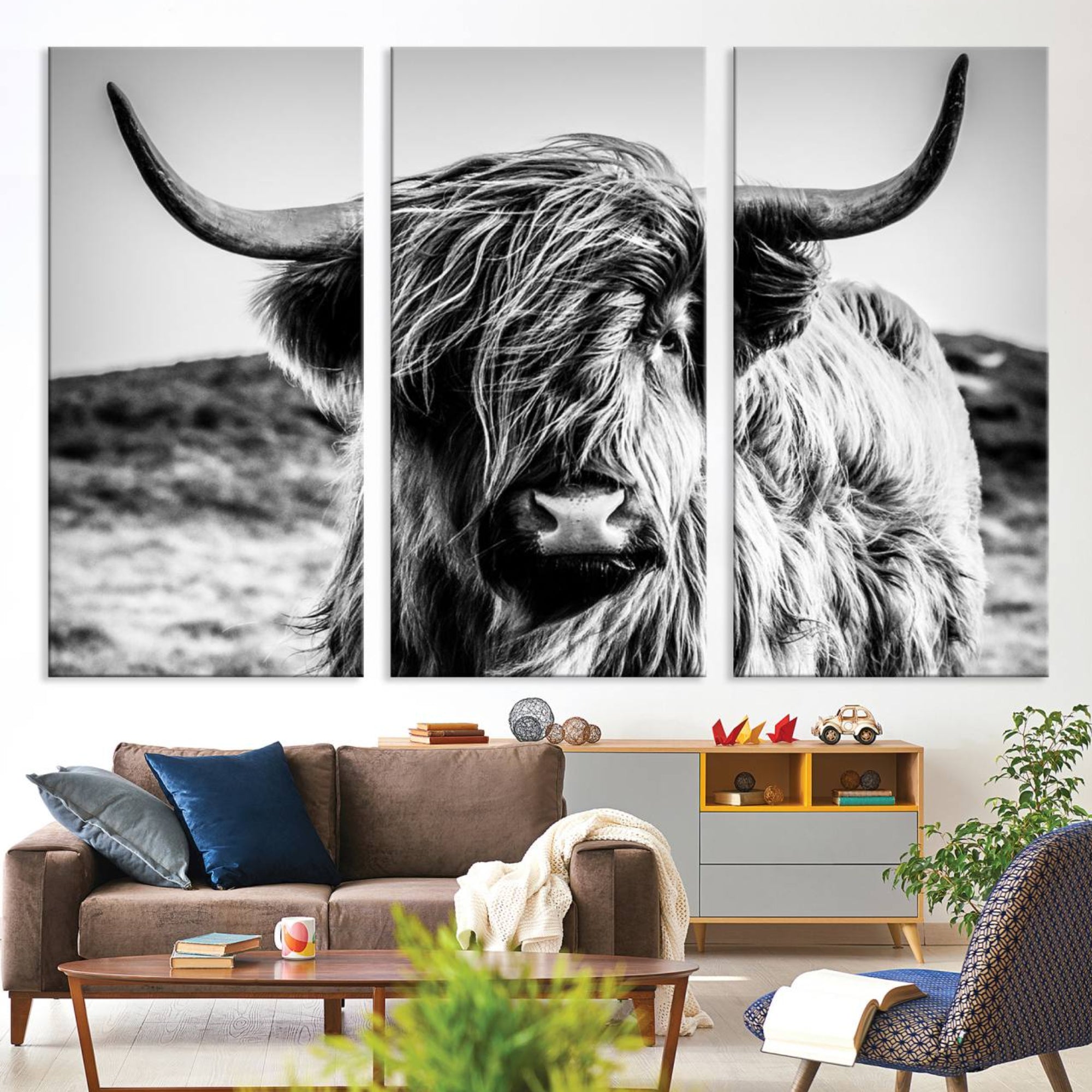 54309-MGV-CV-36X24-Black and White Scottish Cow Canvas Wall Art Highland Cattle Canvas Print for Farmhouse Decor