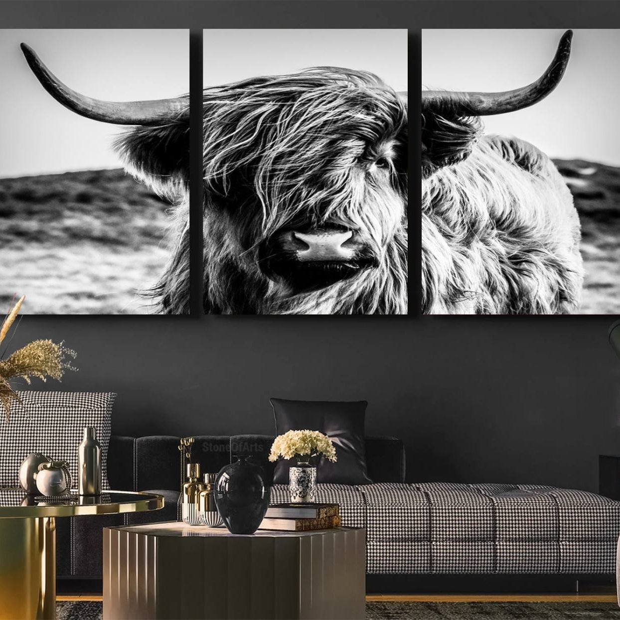 -Black and White Scottish Cow Canvas Wall Art Highland Cattle Canvas Print for Farmhouse Decor