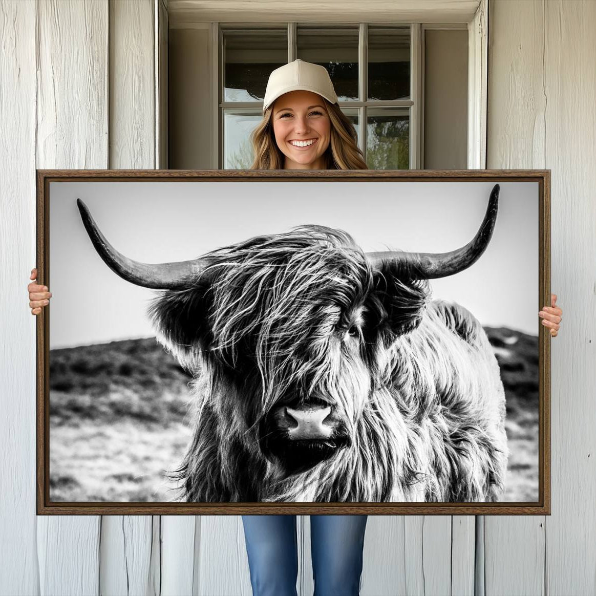 -Black and White Scottish Cow Canvas Wall Art Highland Cattle Canvas Print for Farmhouse Decor