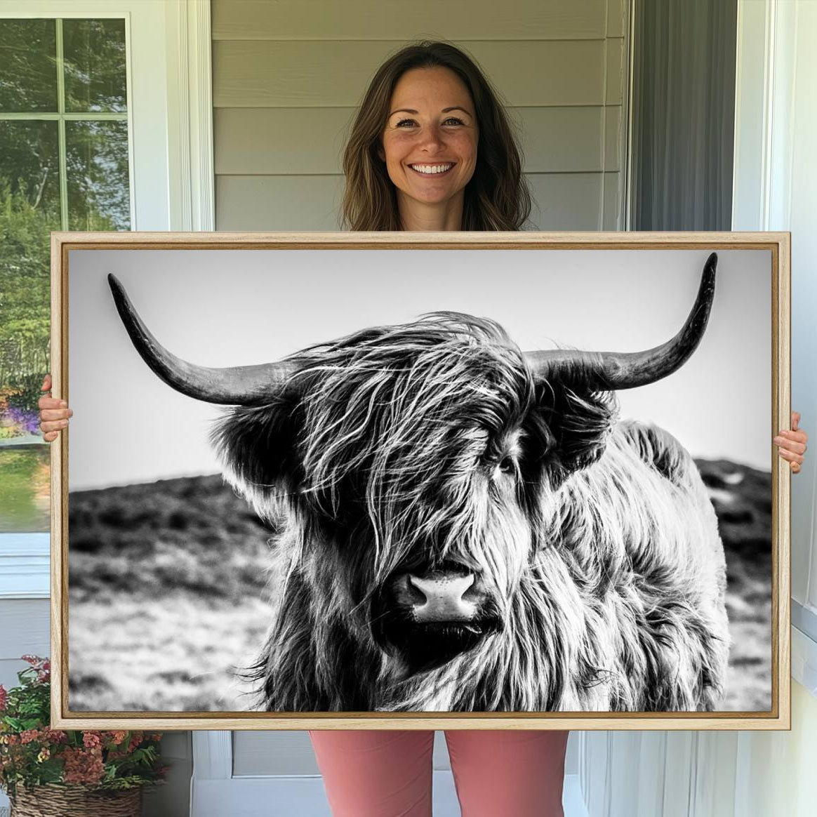-Black and White Scottish Cow Canvas Wall Art Highland Cattle Canvas Print for Farmhouse Decor