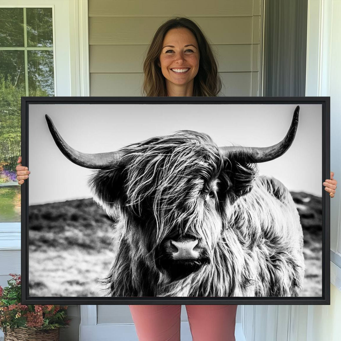 -Black and White Scottish Cow Canvas Wall Art Highland Cattle Canvas Print for Farmhouse Decor